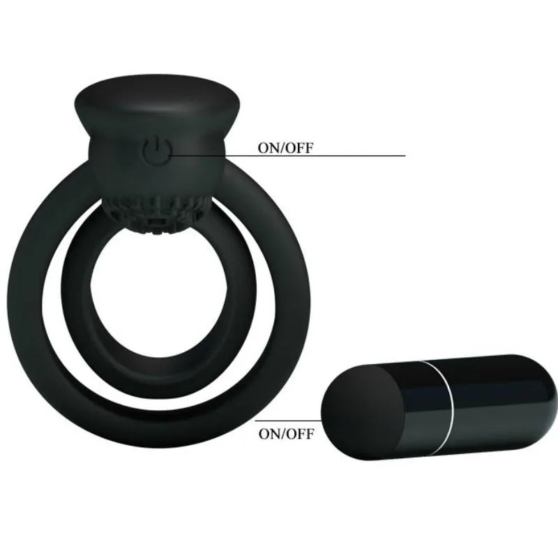 Cockring en silicone noir avec stimulation clitoridienne vibrante, forme circulaire, bouton ON/OFF visible.