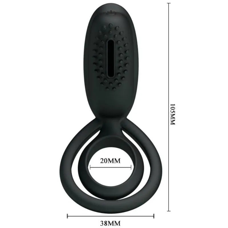 Cockring noir en silicone avec stimulation clitoridienne vibrante, design ergonomique, dimensions 105mm x 38mm.