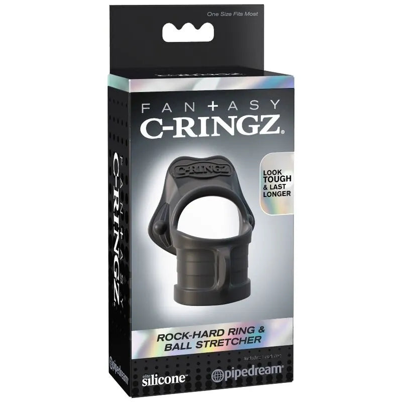 Cockring silicone noir, forme ergonomique, anneau pénis et étireur testicules, performance durable, emballage élégant.