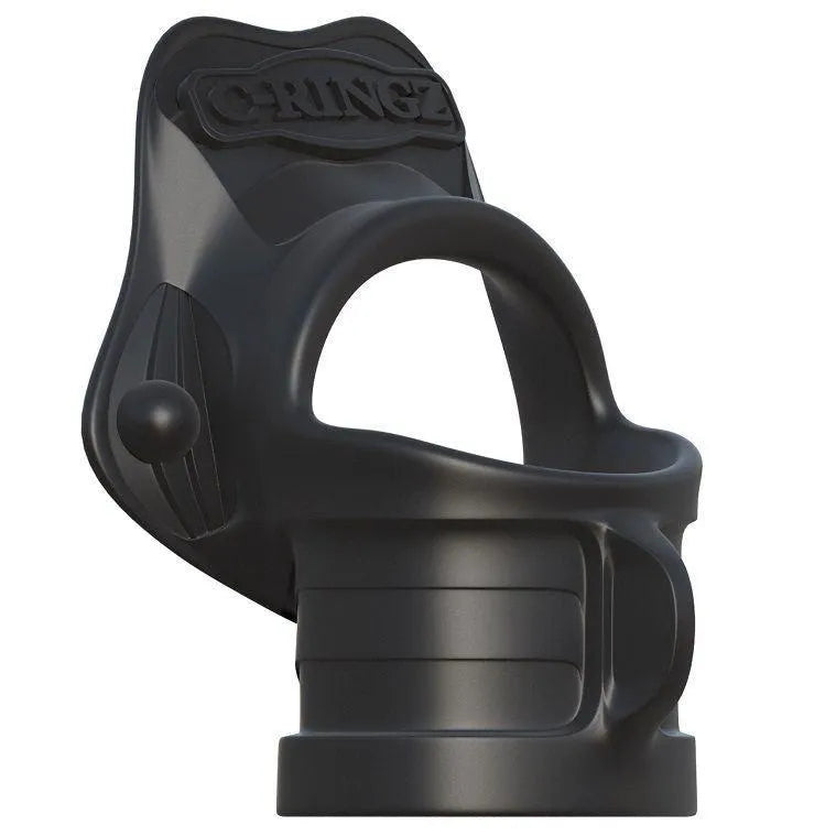 Anneau noir en silicone médical, design ergonomique pour érections durables, avec étireur intégré pour performance optimale.