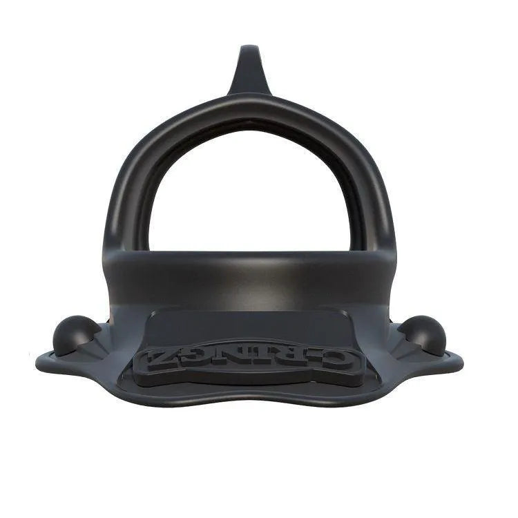 Anneau noir en silicone médical, design innovant pour érections durables, avec étireur de testicules intégré.