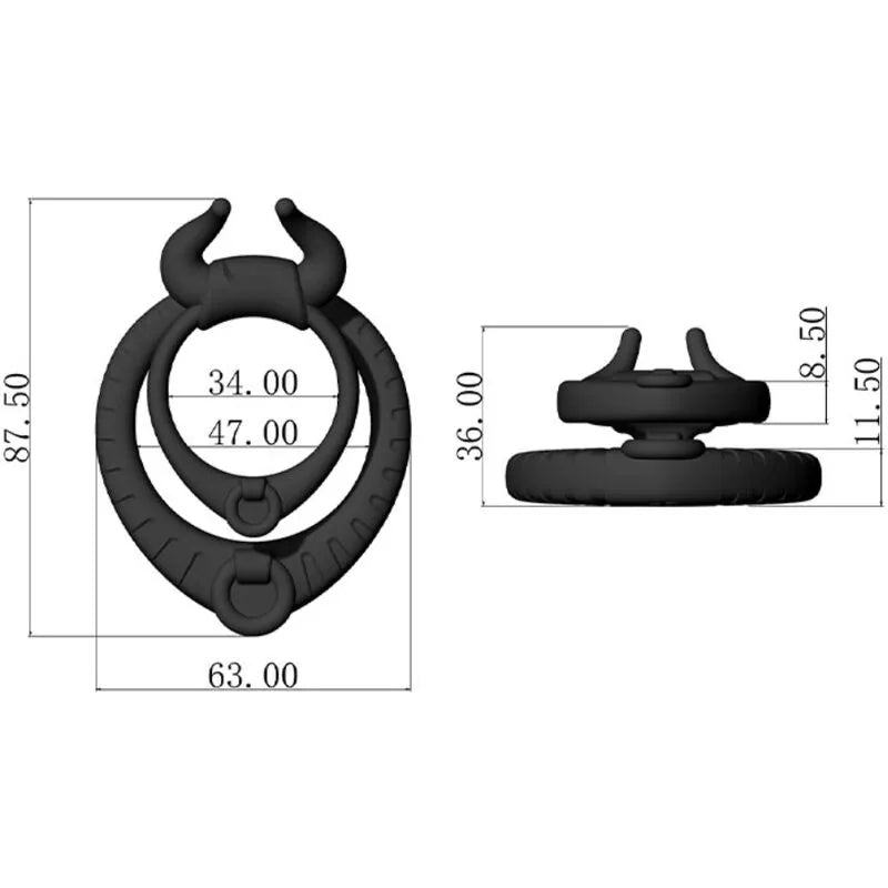 Cockring silicone noir étanche, forme ergonomique, dimensions détaillées, idéal pour plaisir couple sous l'eau.
