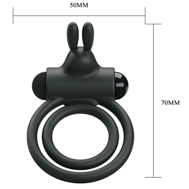 Cockring vibrant en silicone noir avec double anneau et balle vibrante, dimensions 50mm x 70mm, pour érections durables.
