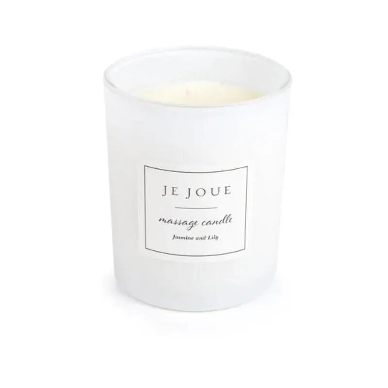 Bougie de massage Je Joue en pot blanc, design élégant, parfum jasmin et lys, coffret bien-être sexuel édition limitée.
