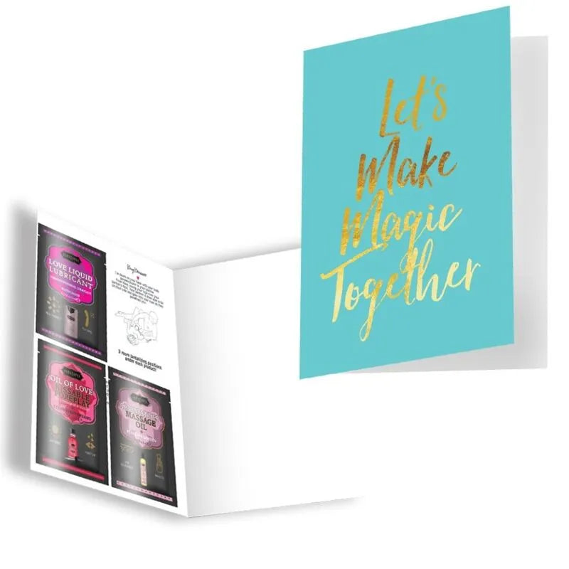 Coffret cadeau romantique avec huiles sensuelles et guide Kama Sutra, emballage élégant bleu et doré.