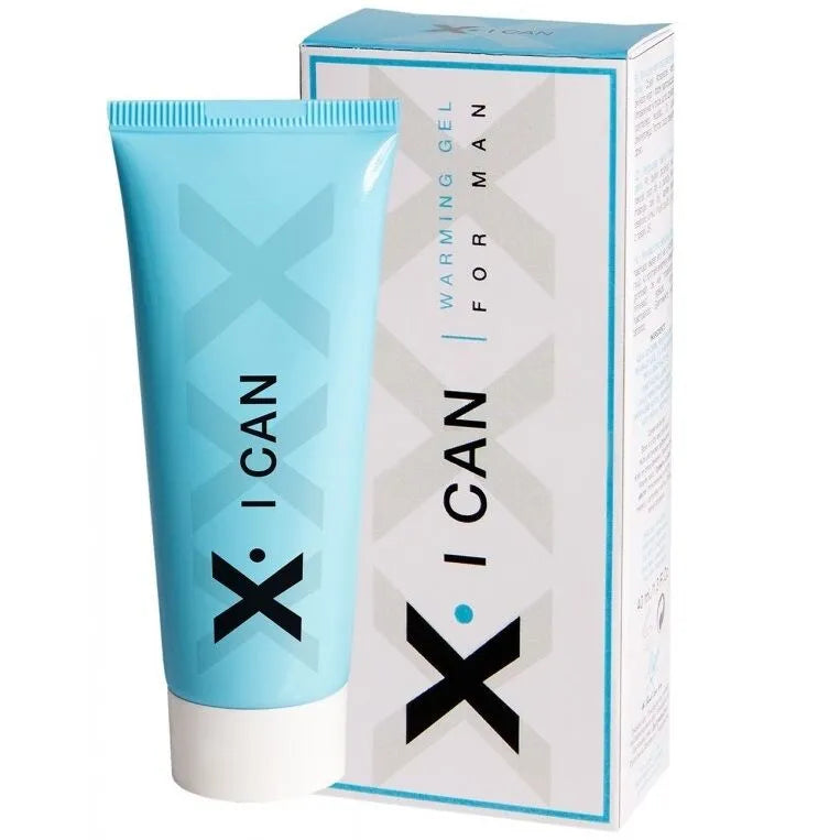 Crème stimulante pénis bien-être masculin, tube bleu, packaging moderne, améliore vitalité et confiance.