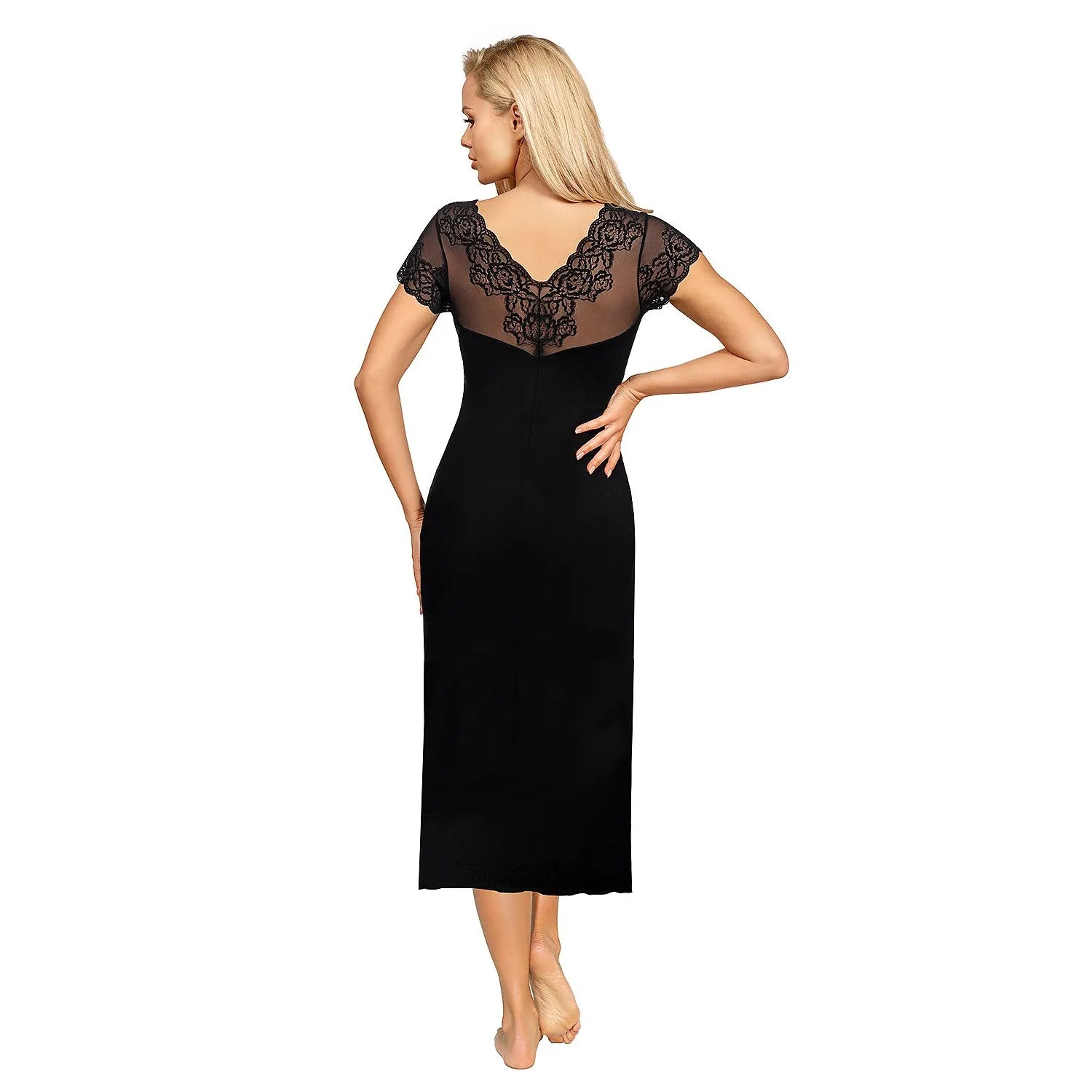 Chemise de nuit noire avec dentelle florale sur les épaules et le dos, coupe élégante et bande élastique sous la poitrine.