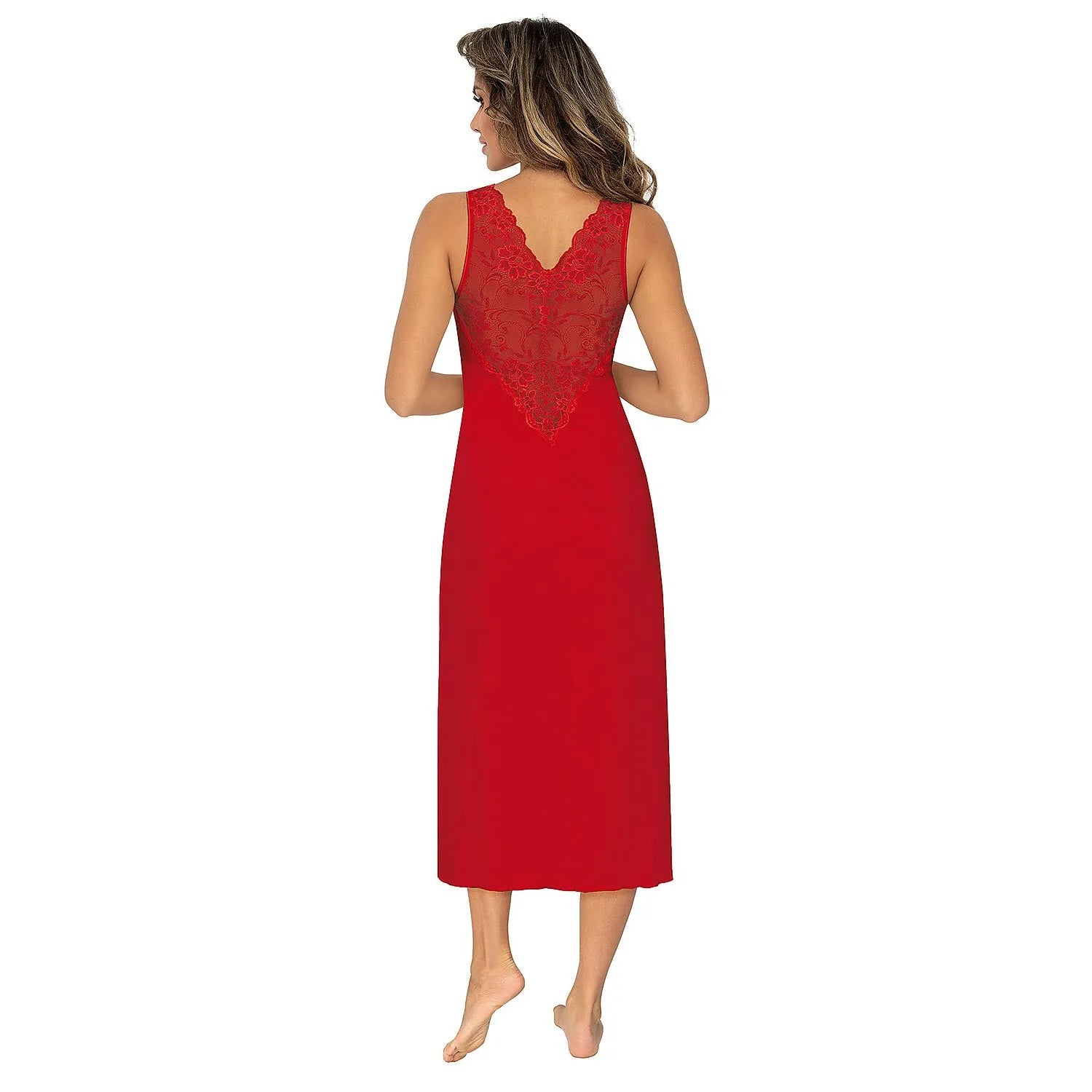 Chemise de nuit rouge en viscose avec dentelle florale au dos, coupe ample et soutien-gorge bardot élégant.