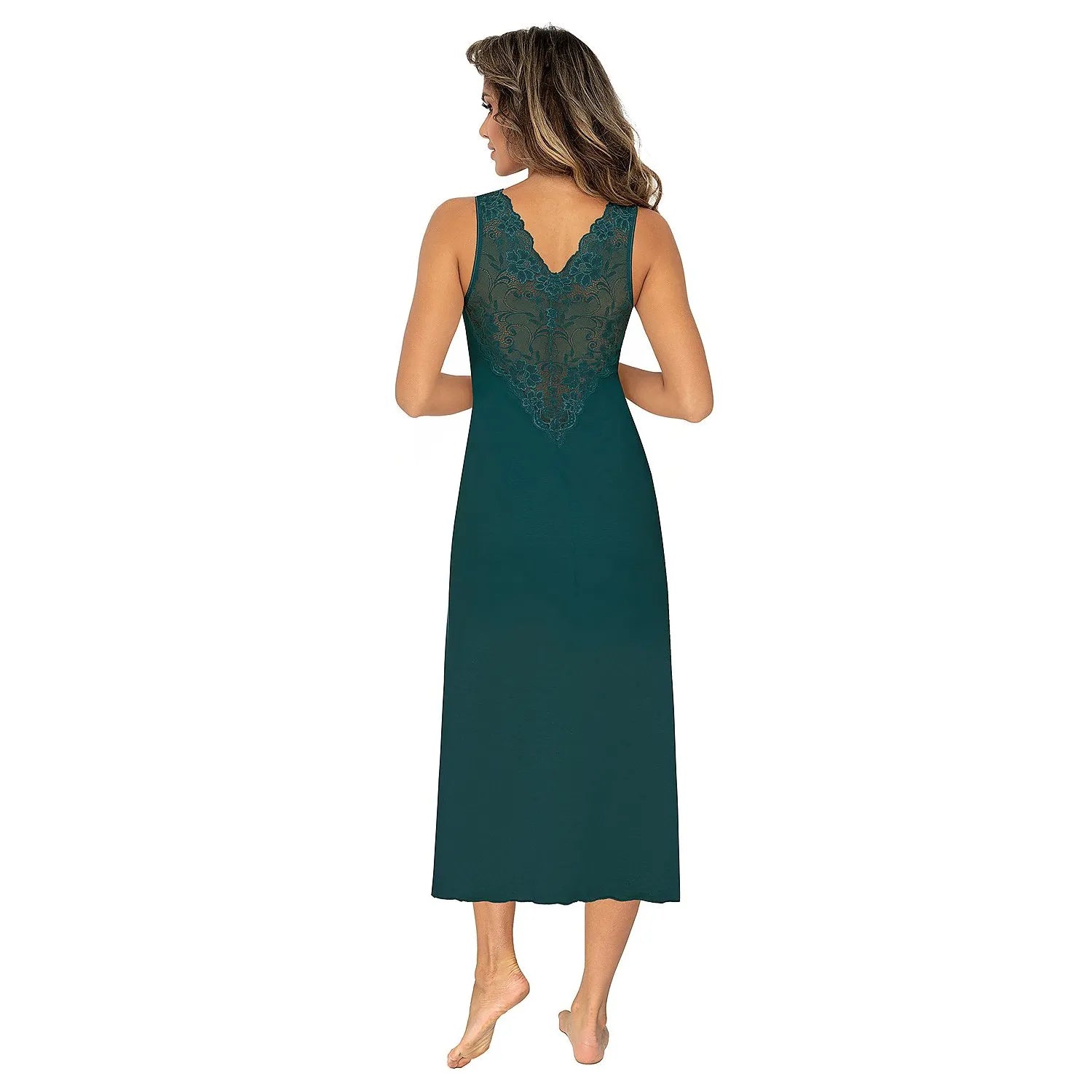 Chemise de nuit verte en viscose avec dentelle florale sur le dos, coupe ample et élégante, style bardot.