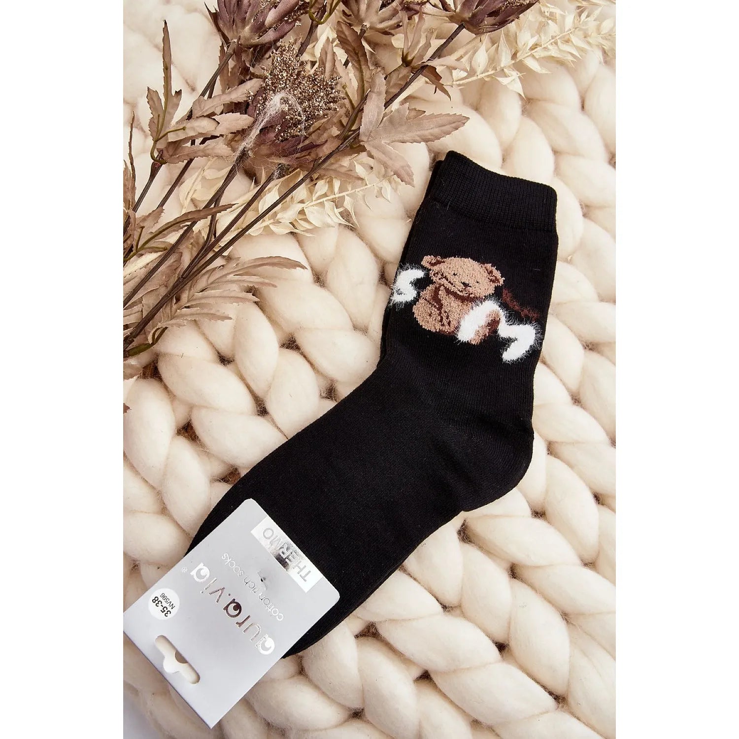 Chaussettes noires pour femmes avec patch ourson, chaudes et ajustées, idéales pour l'hiver, coton 85%, modèle 191180.