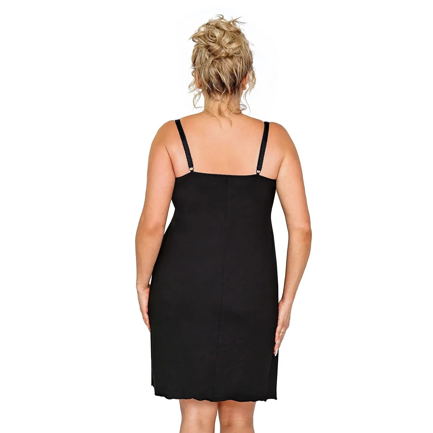 Nuisette noire en viscose avec roses fuchsia, larges bretelles, décolleté fleuri, mi-cuisse, modèle 191997 Donna.