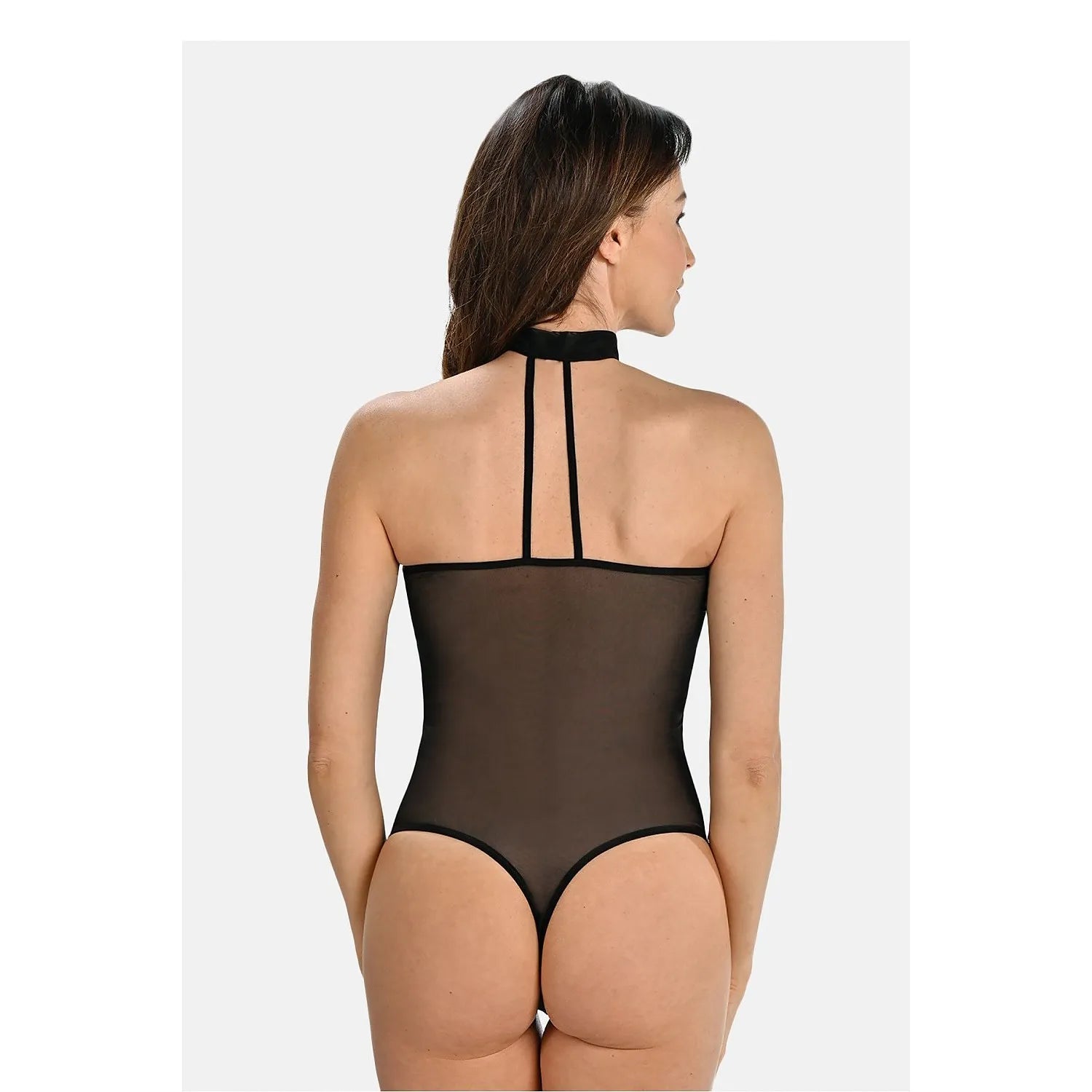 Body noir sans bretelles Teyli, dos transparent, tour de cou tendance, coupe flatteuse, style séduisant et élégant.
