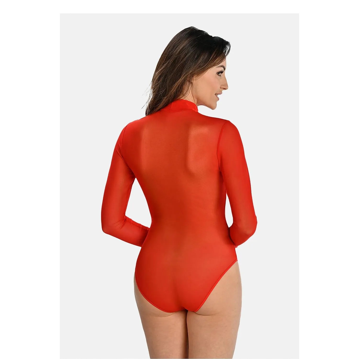 Body rouge transparent Teyli 195352, manches longues, demi-col roulé, coupe classique, élégant et confortable.