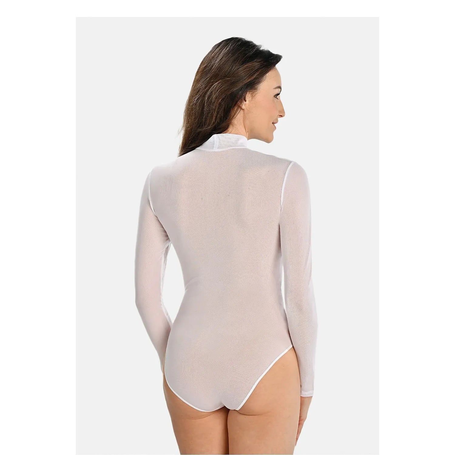 Body en maille blanche transparente, manches longues, demi-col roulé, élégance et confort pour silhouette féminine.