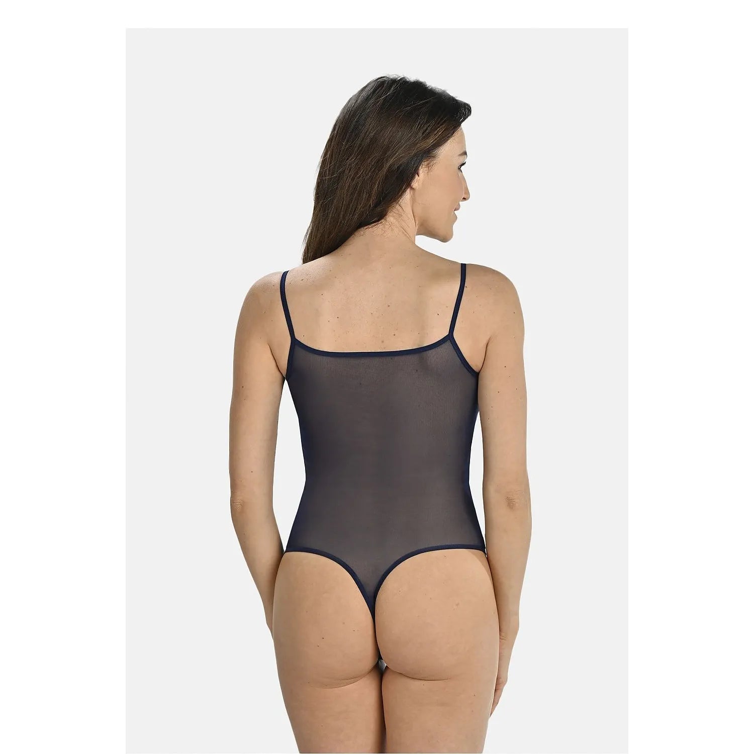 Body femme bleu transparent Teyli 195357, maille délicate, bretelles fines, fermeture auto-agrippante réglable.