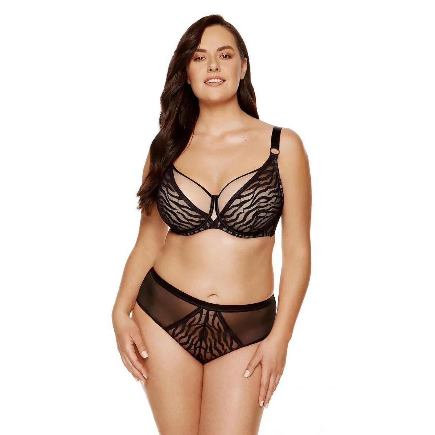 Culotte en dentelle noire à imprimé animalier, ceinture élastique brillante, finition invisible sous les vêtements.