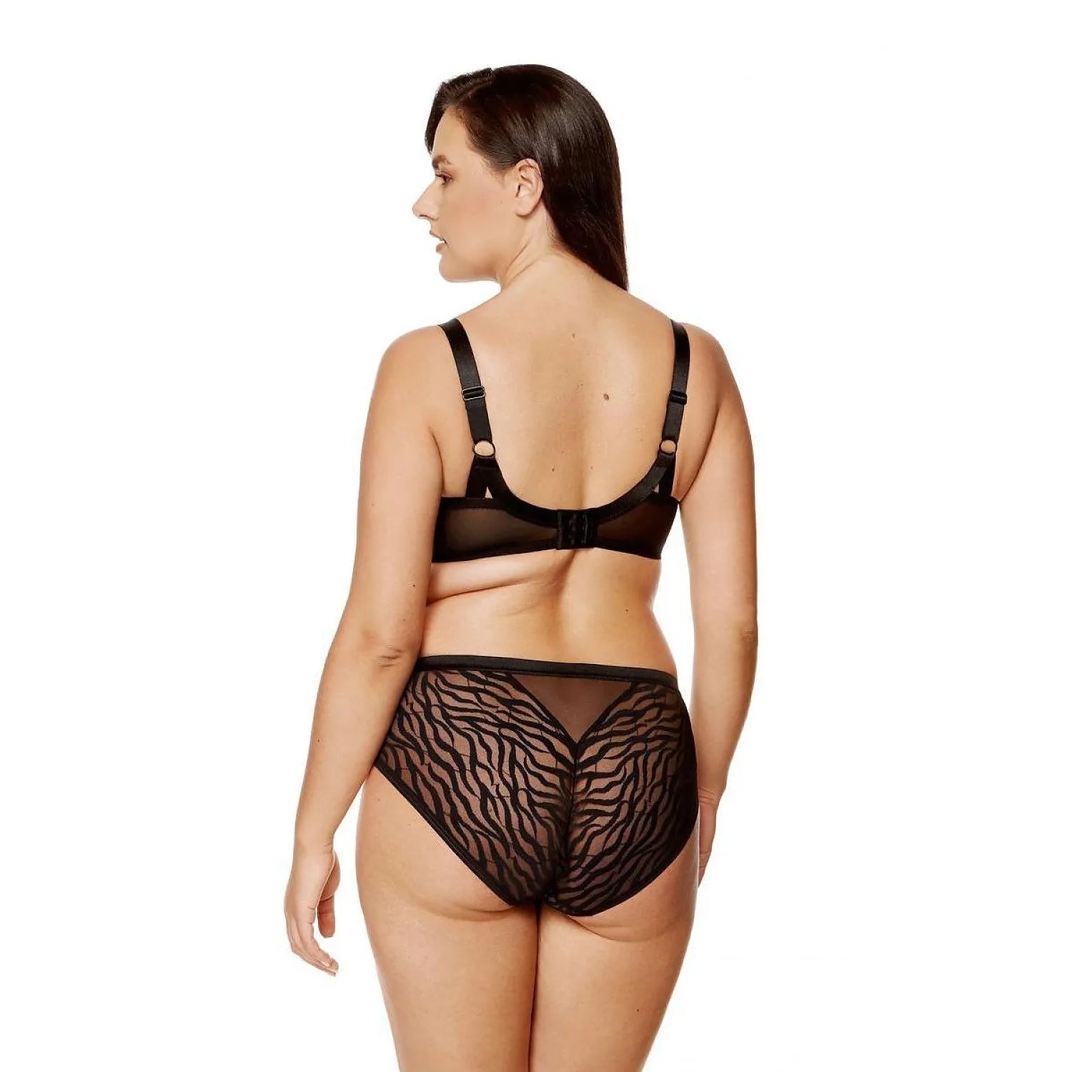 Culotte en dentelle noire à imprimé animalier, ceinture élastique brillante, finition invisible sous les vêtements.