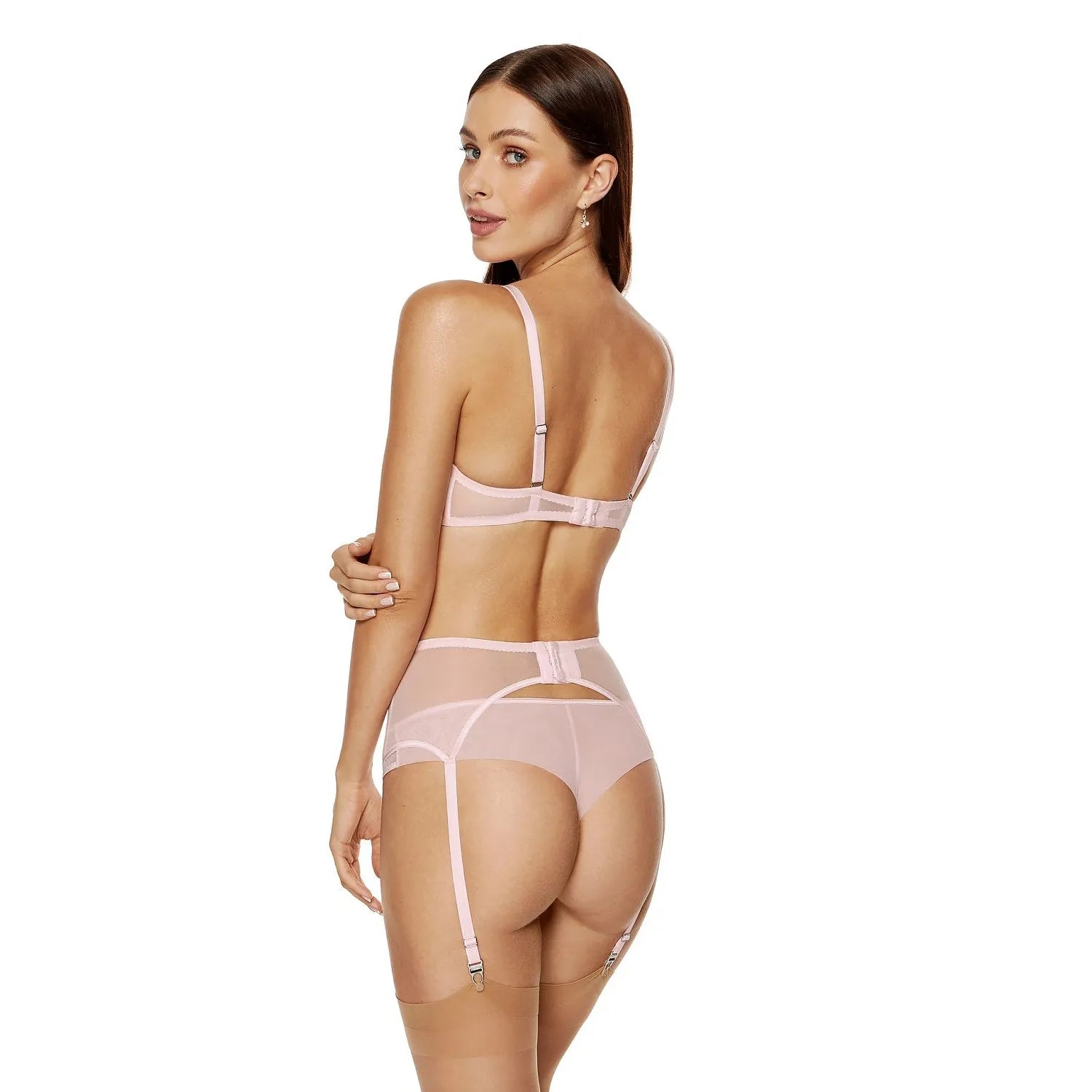 Ceinture lingerie rose Gorteks avec broderie, bretelles réglables et fermeture crochets, élégante et raffinée.