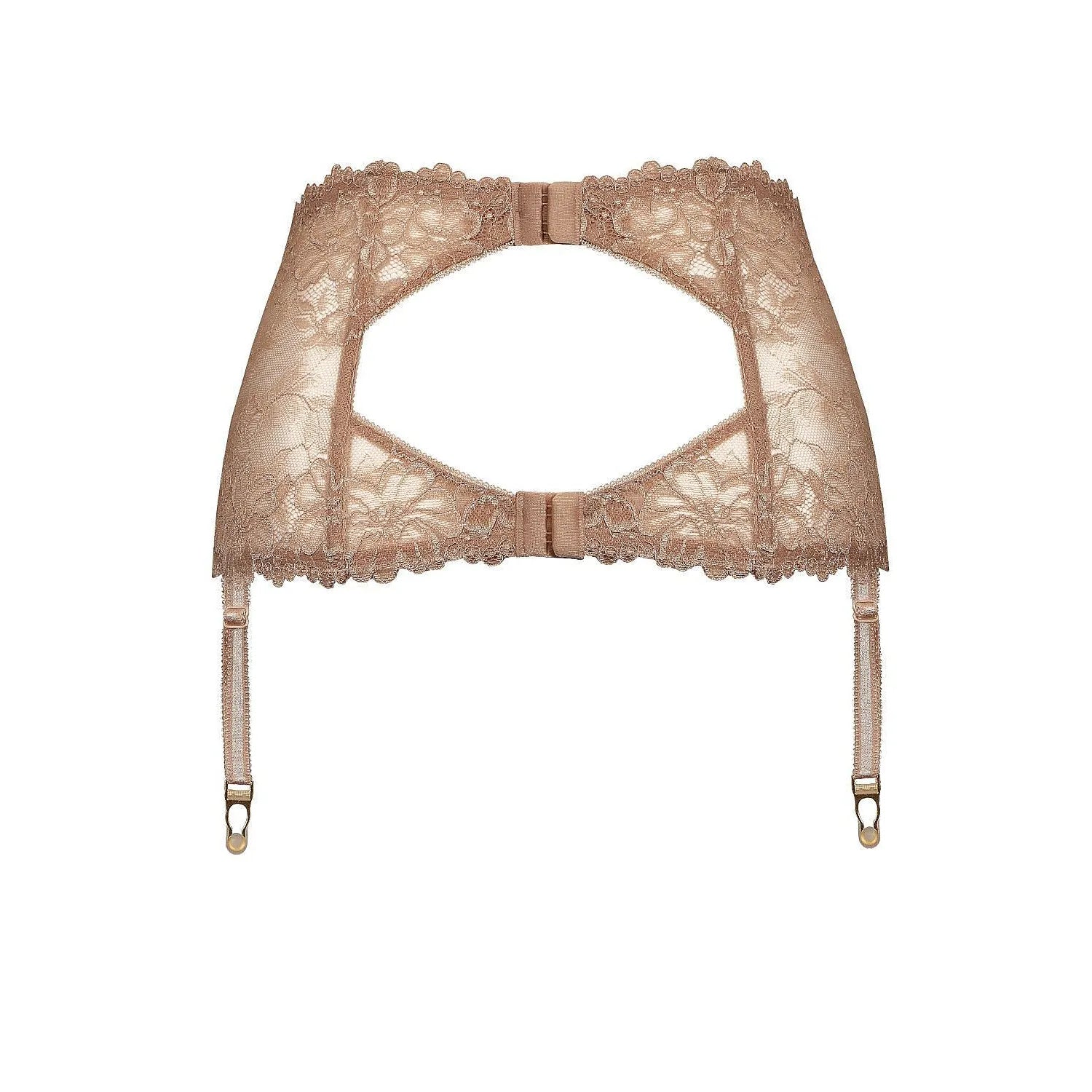 Ceinture porte-jarretelles beige en dentelle avec nœud, fermeture à crochets, liens réglables, découpe au dos.