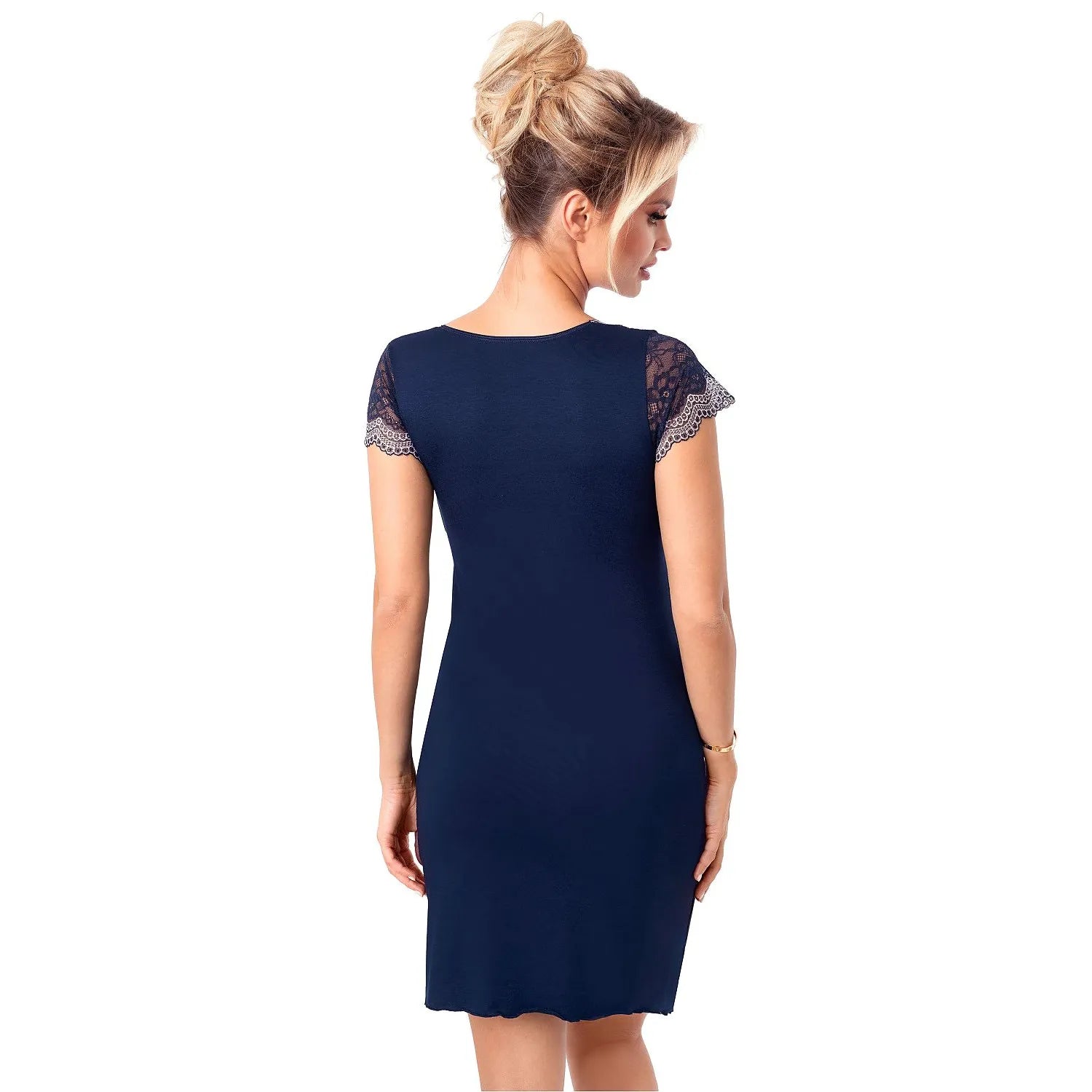 Chemise de nuit bleue en viscose avec décolleté en V et manches en dentelle, élégante et confortable pour femmes.