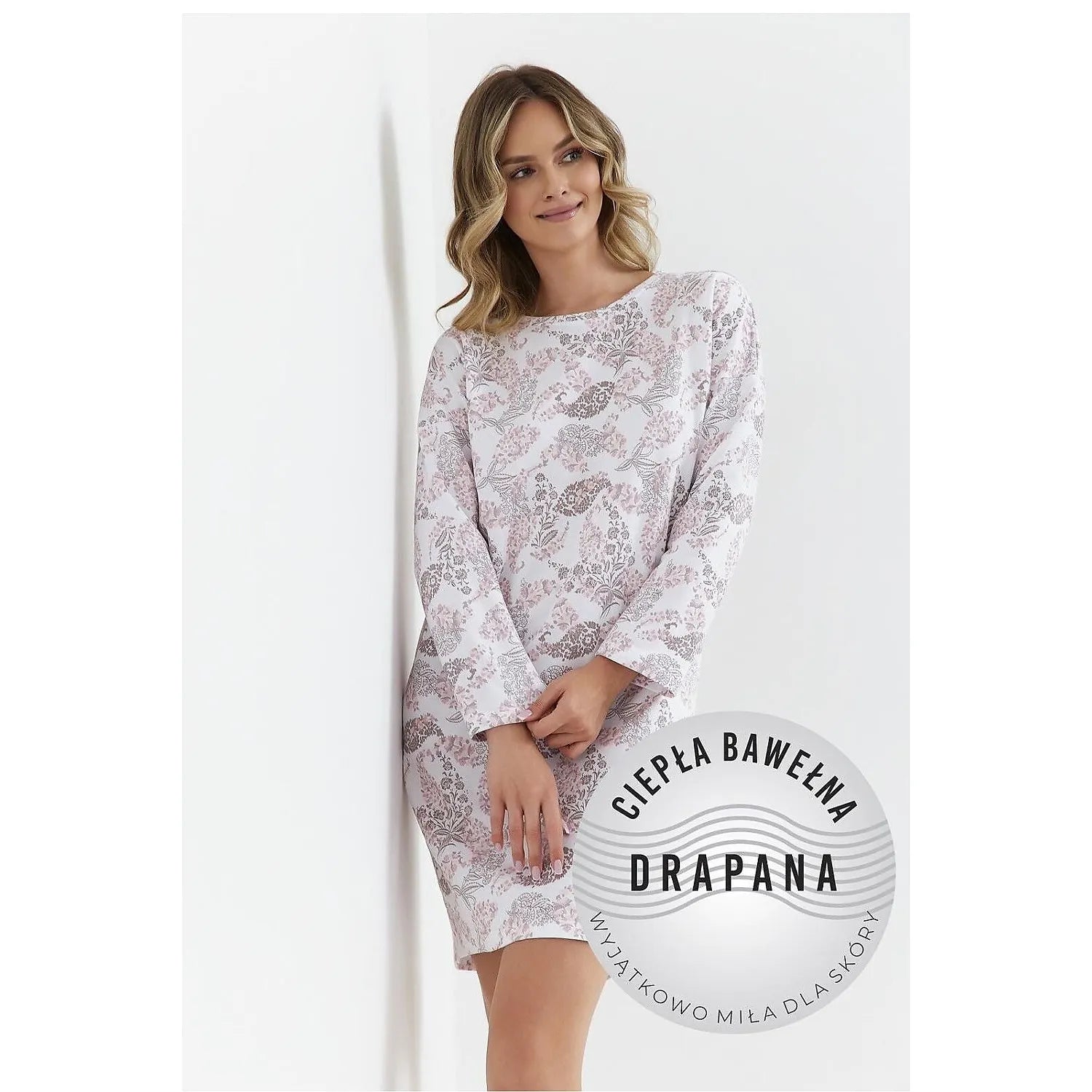 Chemise de nuit femme imprimée, manches longues, encolure ronde, longueur genou, tissu doux et respirant, modèle 212761 Cana.