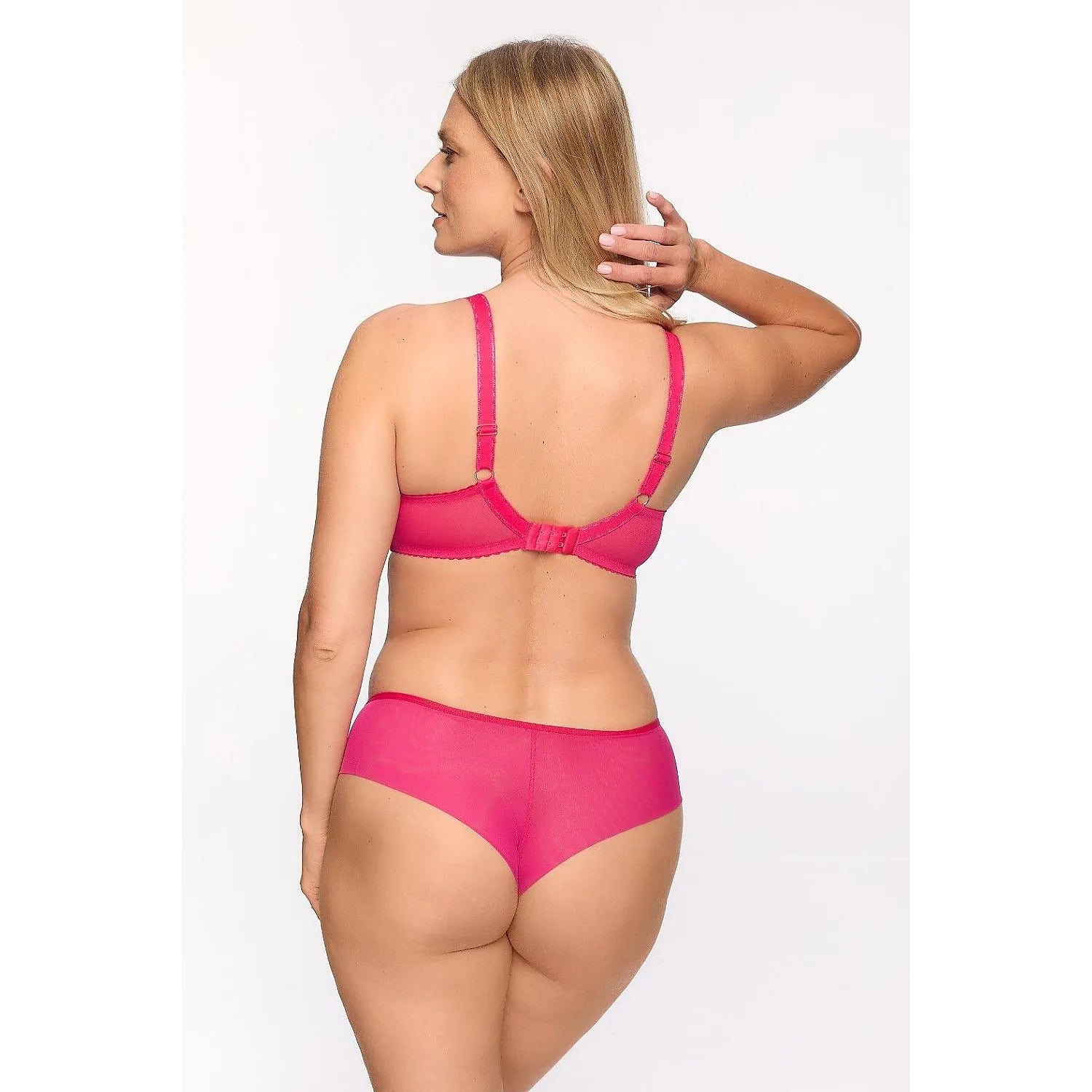 Culotte brésilienne rose avec broderie, tulle élastique, dos en double tulle, élégante et confortable, modèle 216009 Gaia.