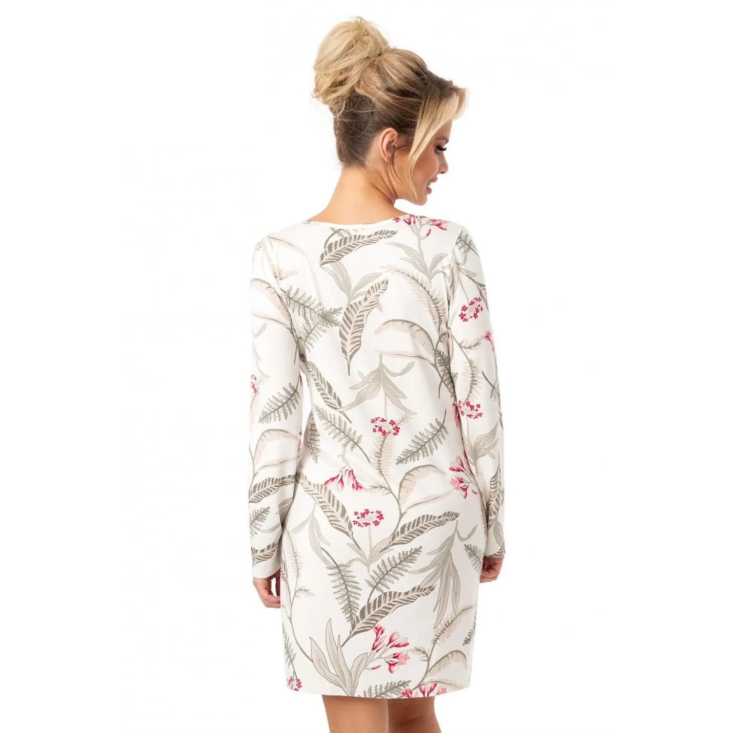 Chemise de nuit blanche à motifs floraux, manches longues, dentelle encolure et bas, élastique sous poitrine, élégante.