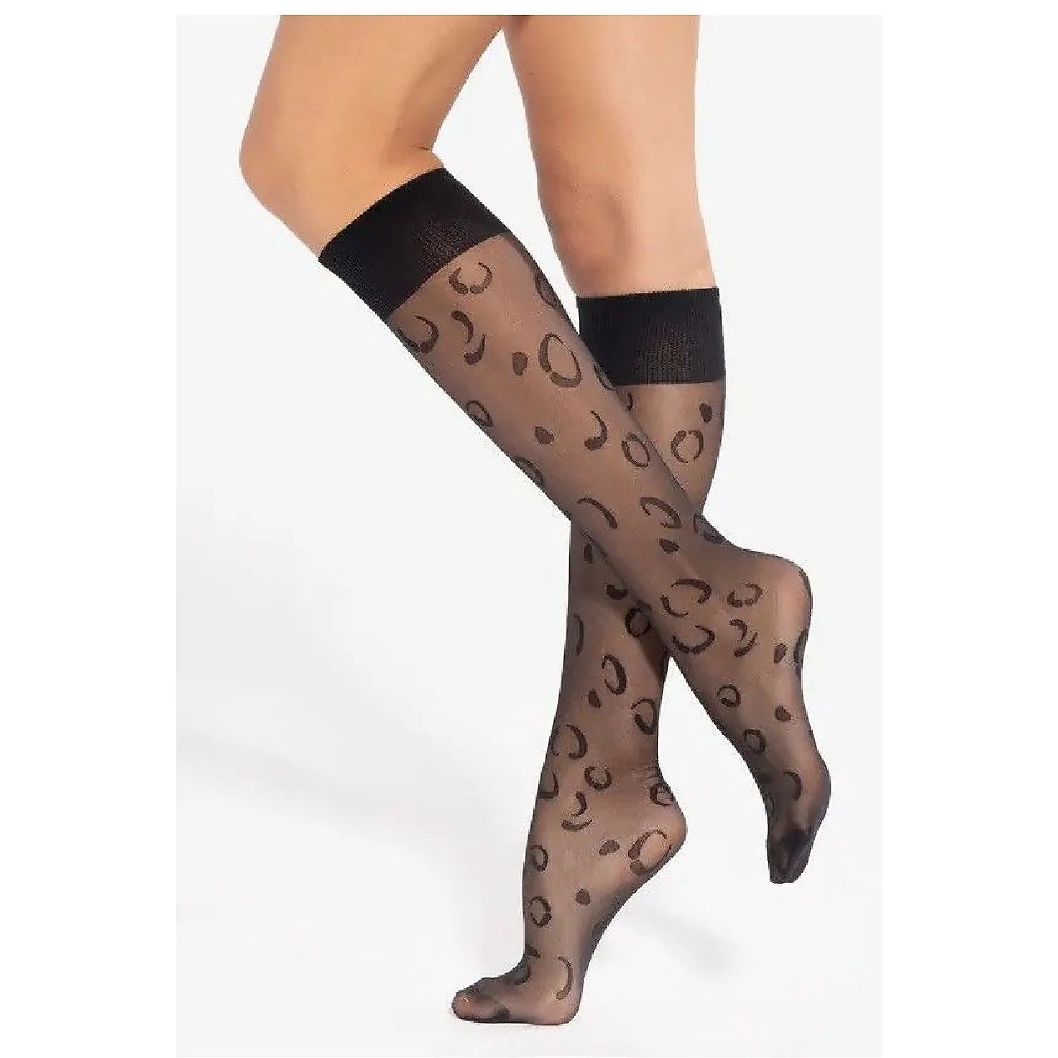 Chaussettes hautes noires Gatta 218771, motif léopard, semi-mat 20 DEN, élastiques confortables, style élégant et original.
