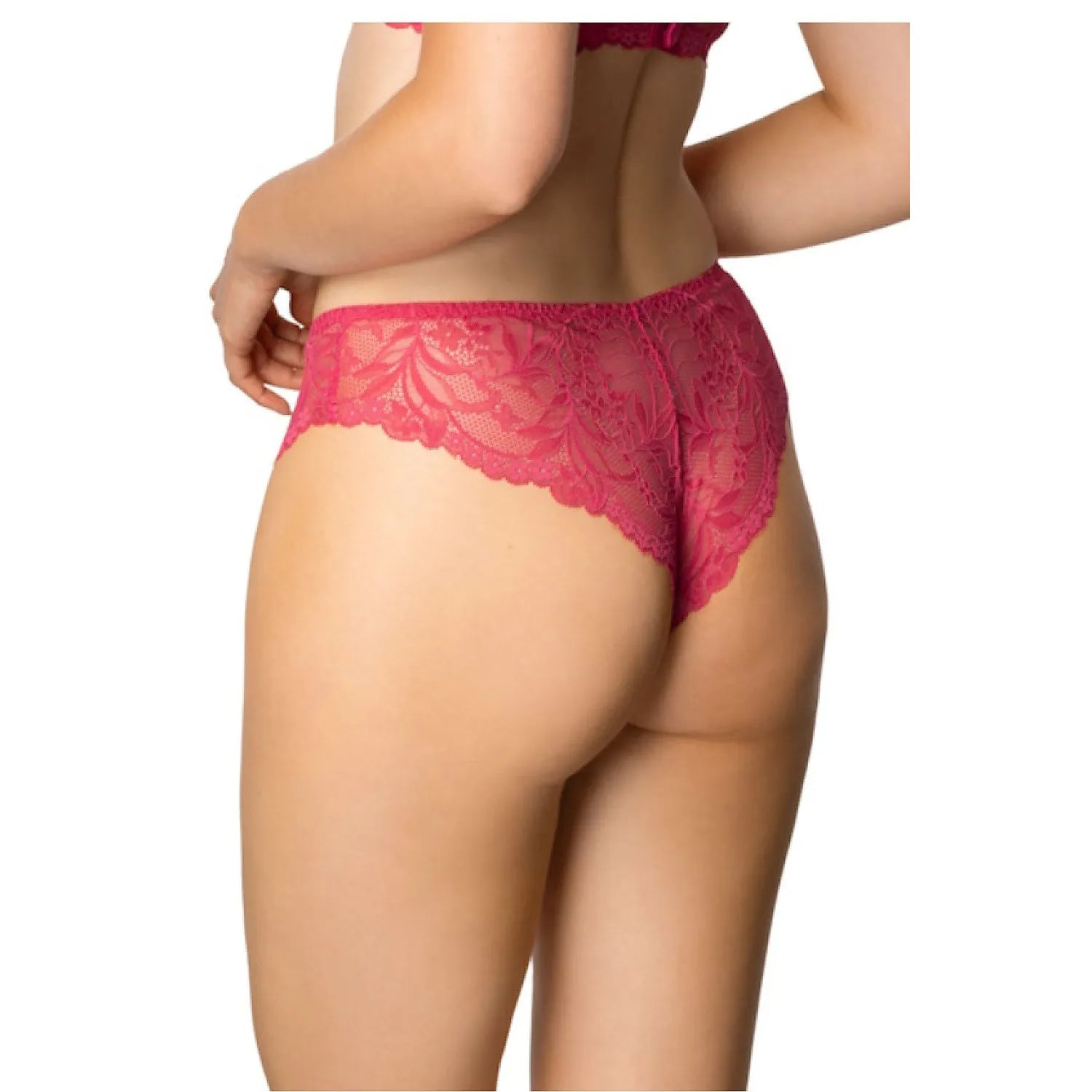 Culotte brésilienne framboise en dentelle délicate, design sensuel et élégant, mettant en valeur les formes féminines.