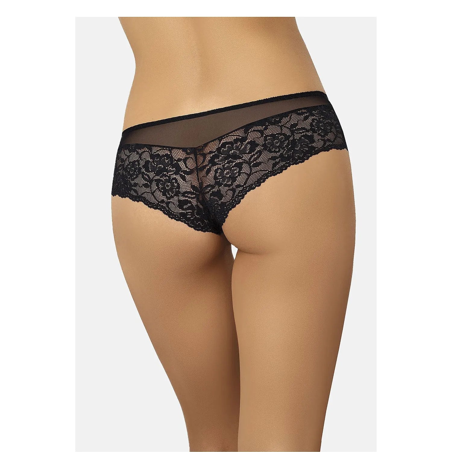 Culotte brésilienne noire en dentelle florale, dos en maille et dentelle, élégante et sculptante, modèle Teyli 220179.