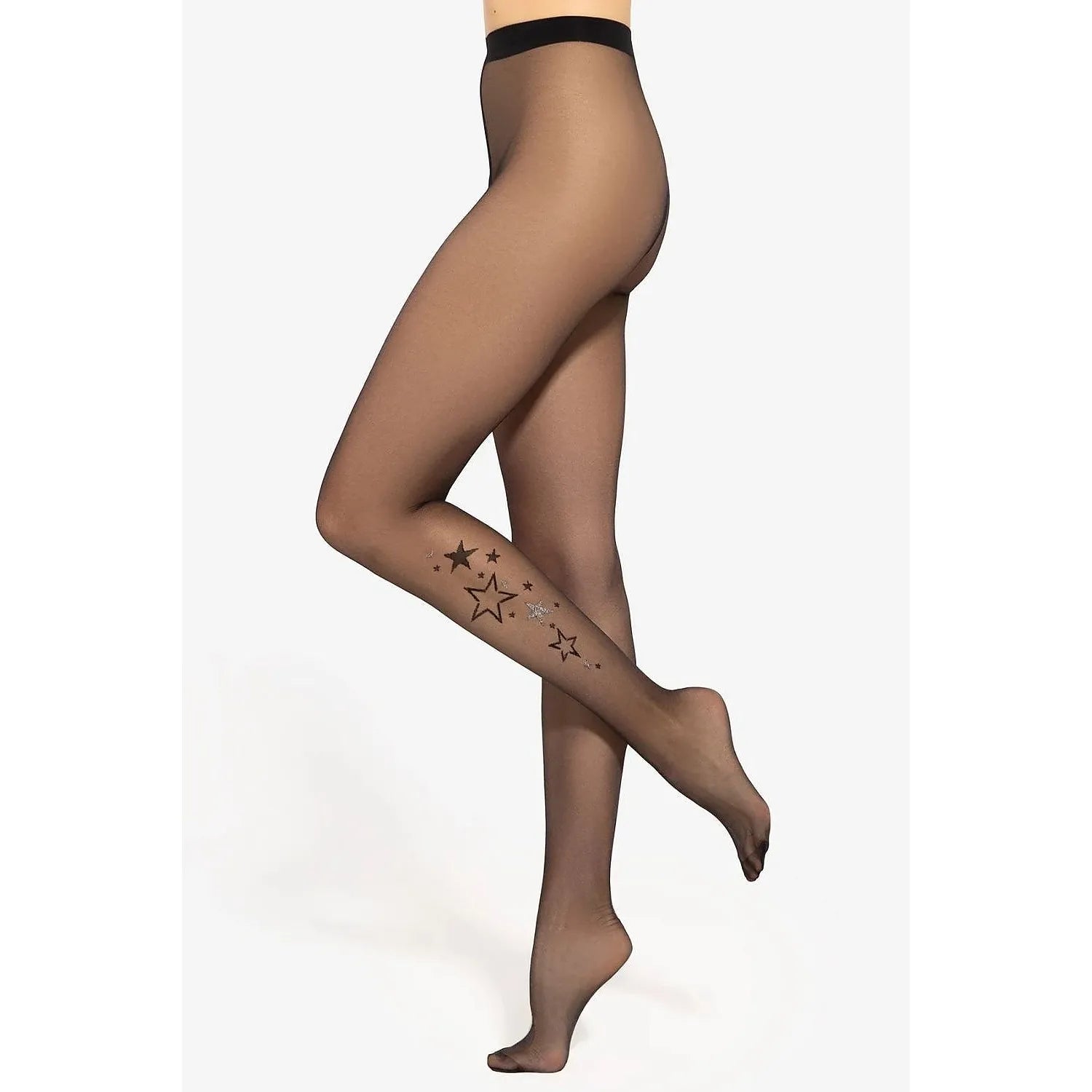 Collants 20 DEN Gatta, maille brillante, motif étoilé sur la jambe, taille haute, gousset visible, renfort aux orteils.