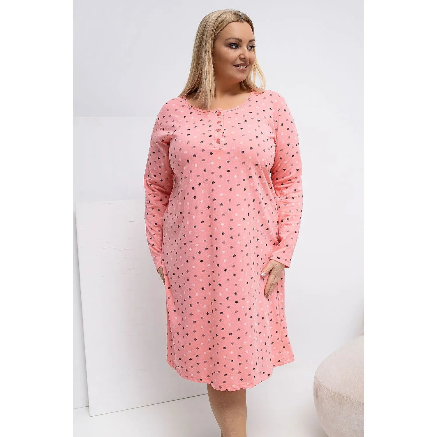 Chemise de nuit grande taille coton pois élégante manches longues confort