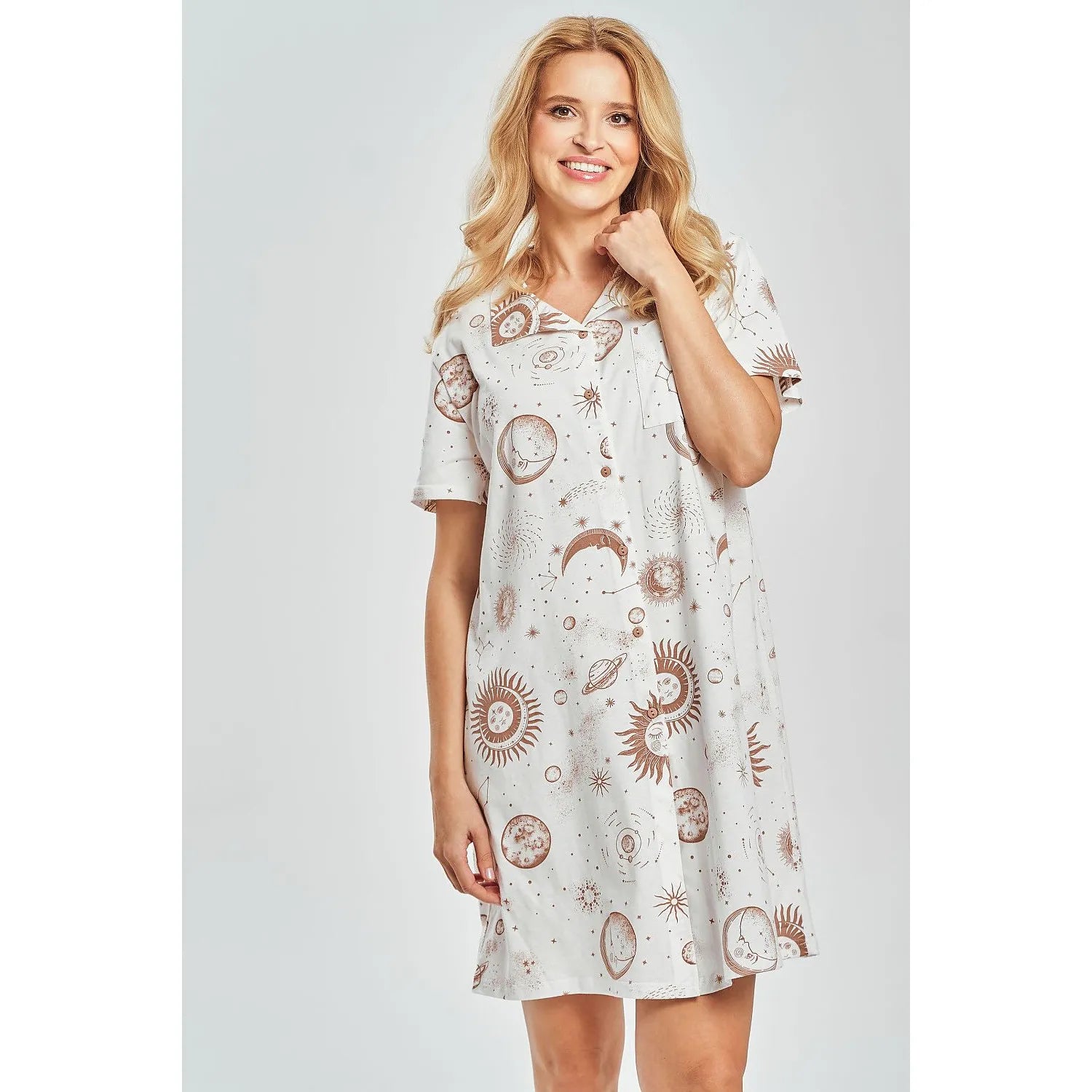 Chemise de nuit coton boutonnée manches courtes imprimé astrologie Taro 223437