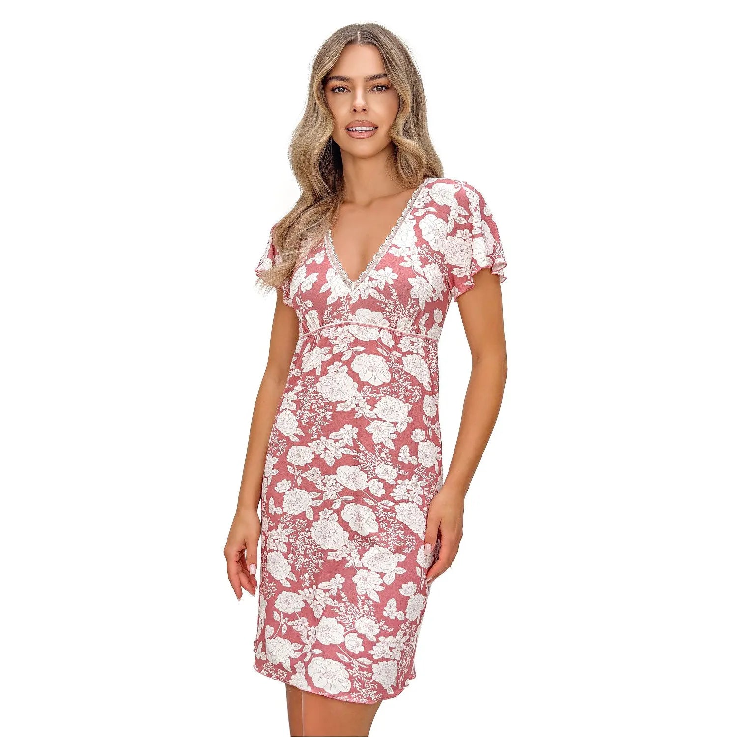 Chemise de nuit femme viscose douce dentelle féminine manches courtes mi-cuisse