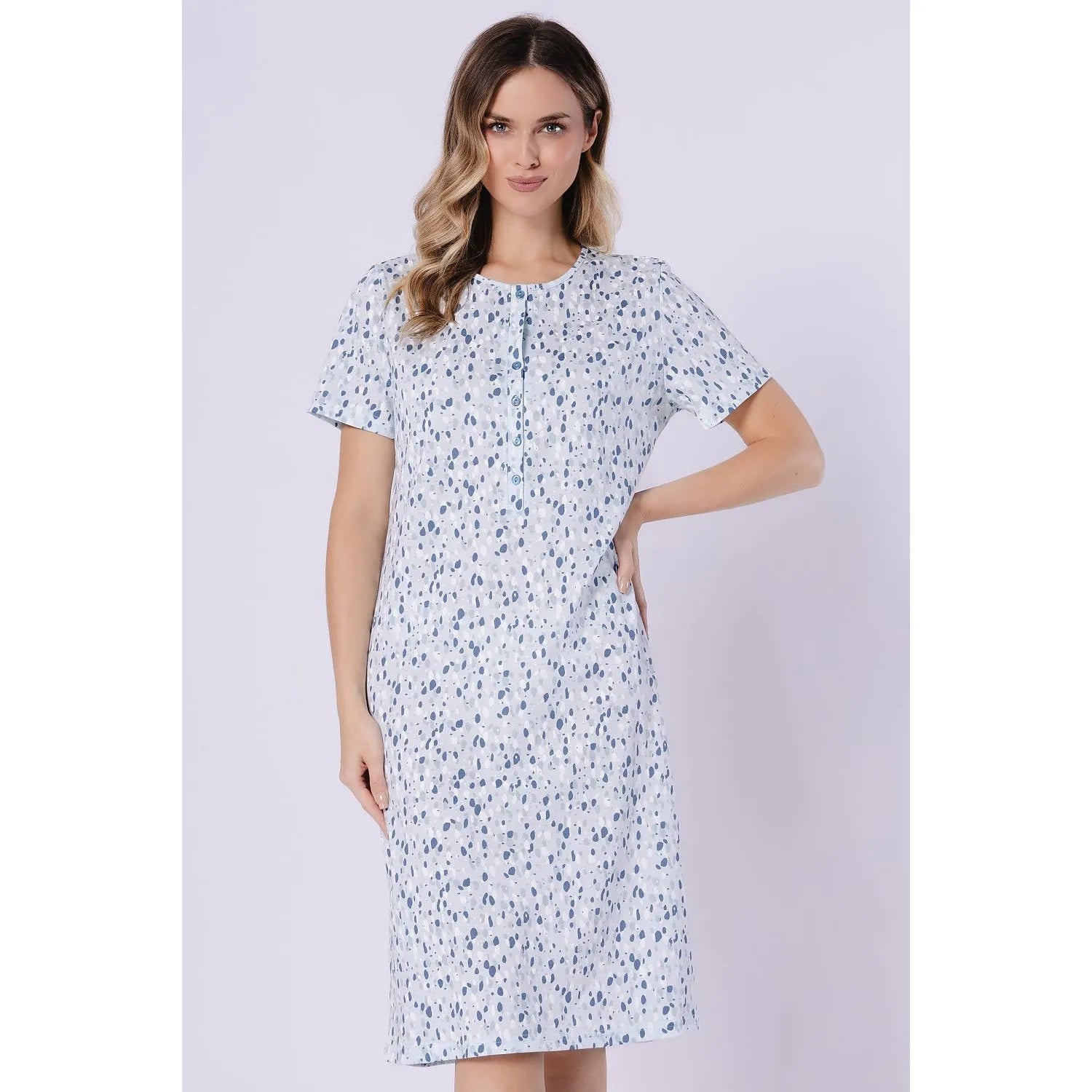 Chemise de nuit coton imprimé boutons-pression confortable manches courtes col rond