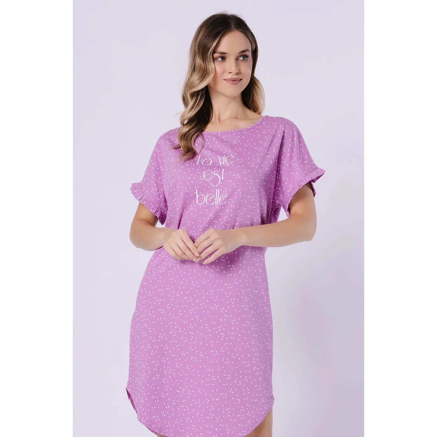Chemise de nuit violette à volants, imprimé blanc, coton doux, coupe ample, cadeau femme M-Max.