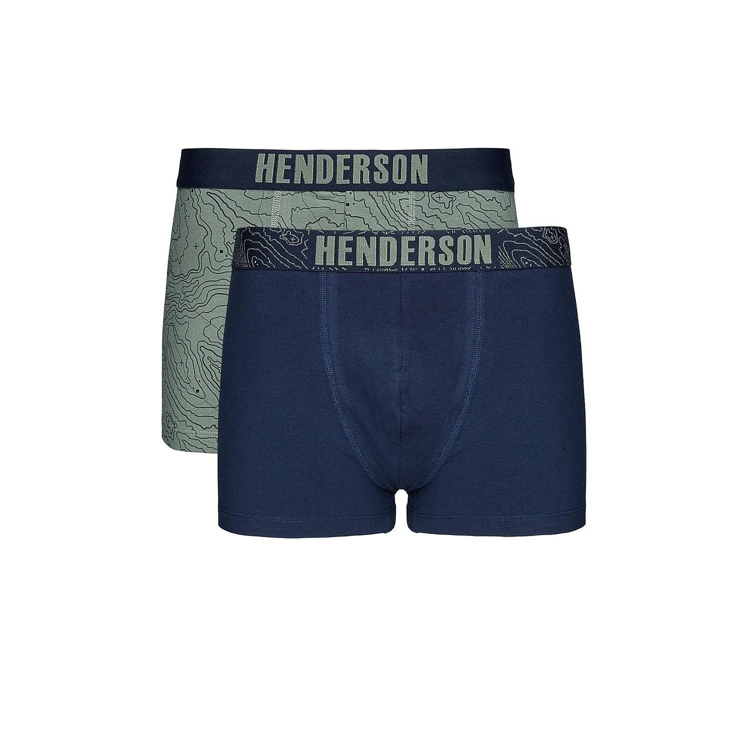 Boxers ajustés en coton Henderson, imprimé moderne, bleu et vert, ceinture logo, confort respirant pour hommes.