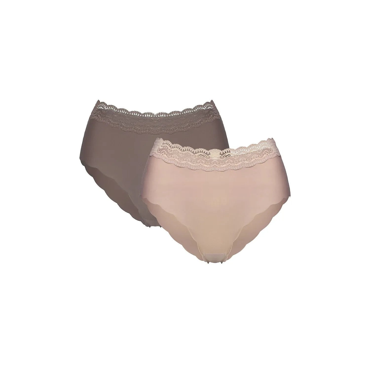 Ensemble de deux culottes femmes en coton, couleurs beige et marron, avec nœud décoratif et bordure en dentelle.
