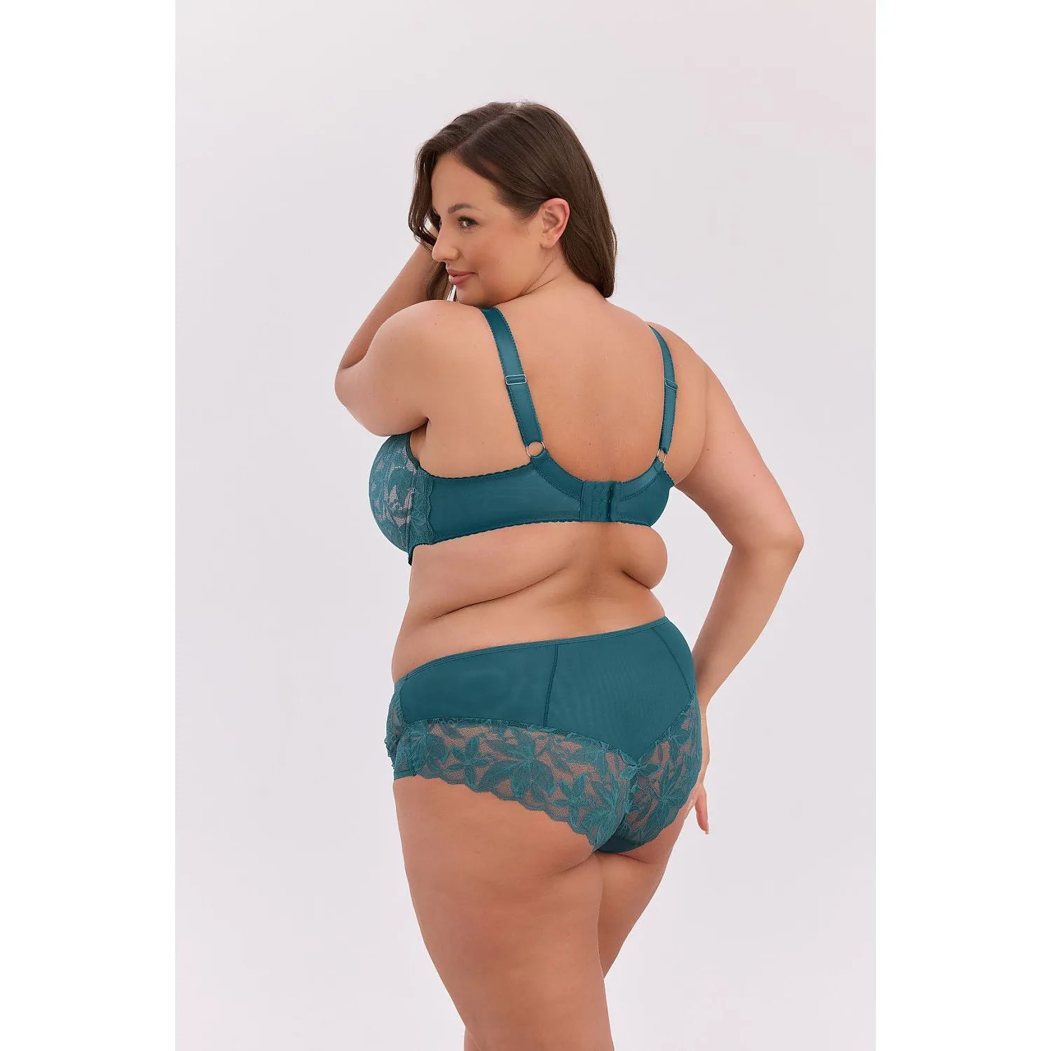 Culotte taille haute en dentelle et tulle bleu-vert, design élégant et confortable, modèle Gaia 224049 pour femmes.