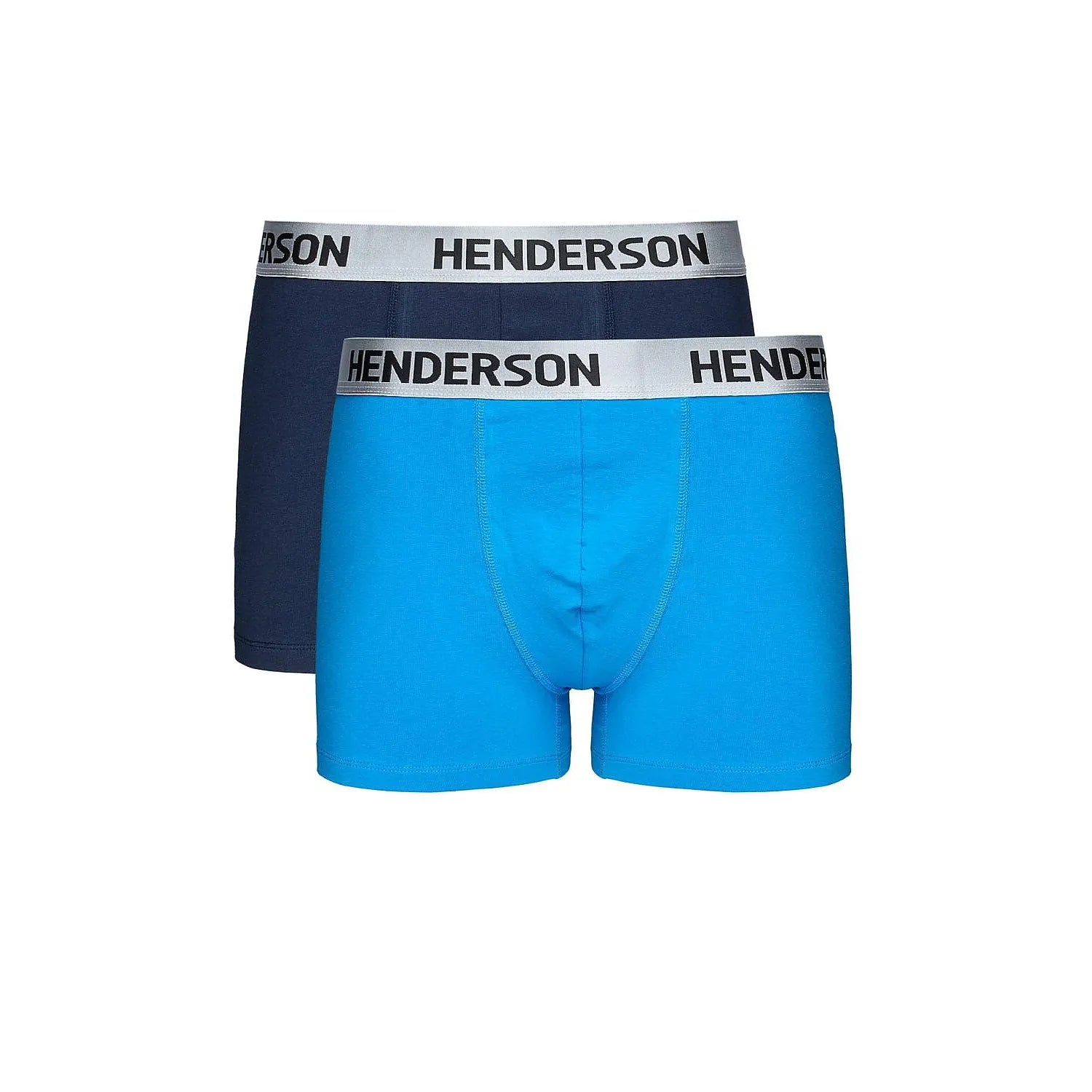 Ensemble de deux boxers homme bleu et bleu marine, coton élasthanne, ceinture large, coupe ajustée, style moderne.