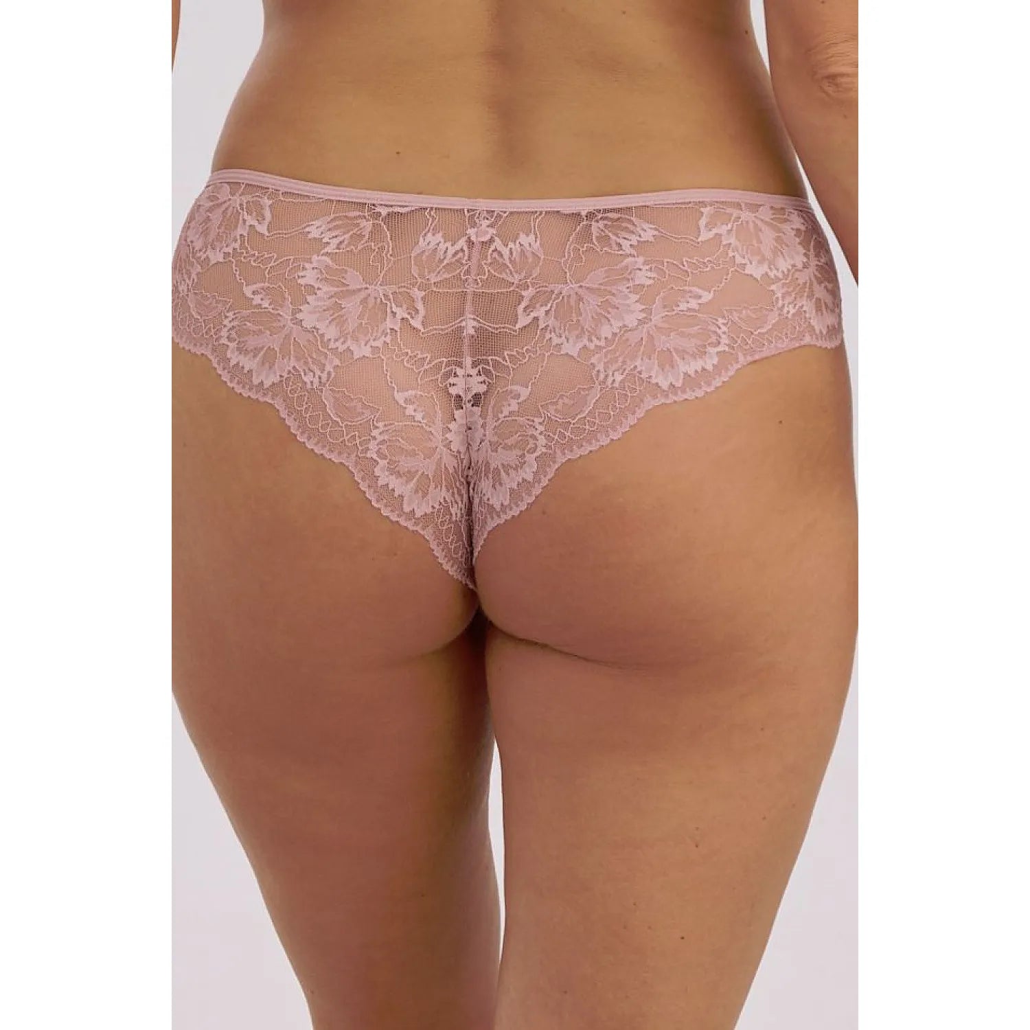 Culotte brésilienne dentelle rose transparente, coupe élégante, confort optimal, met en valeur les courbes féminines.