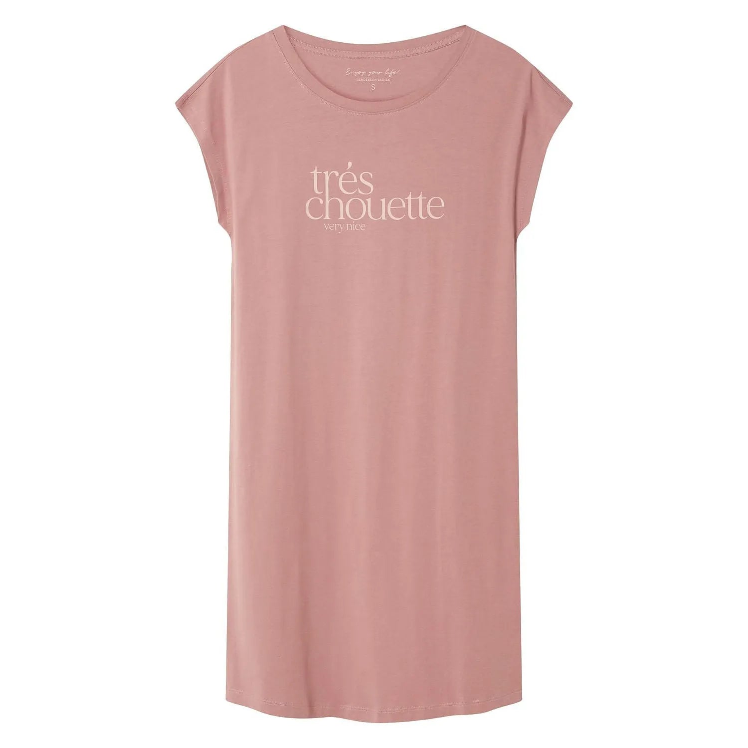 Chemise de nuit rose en coton, manches courtes, col rond, coupe ample, style moderne, texte très chouette imprimé.