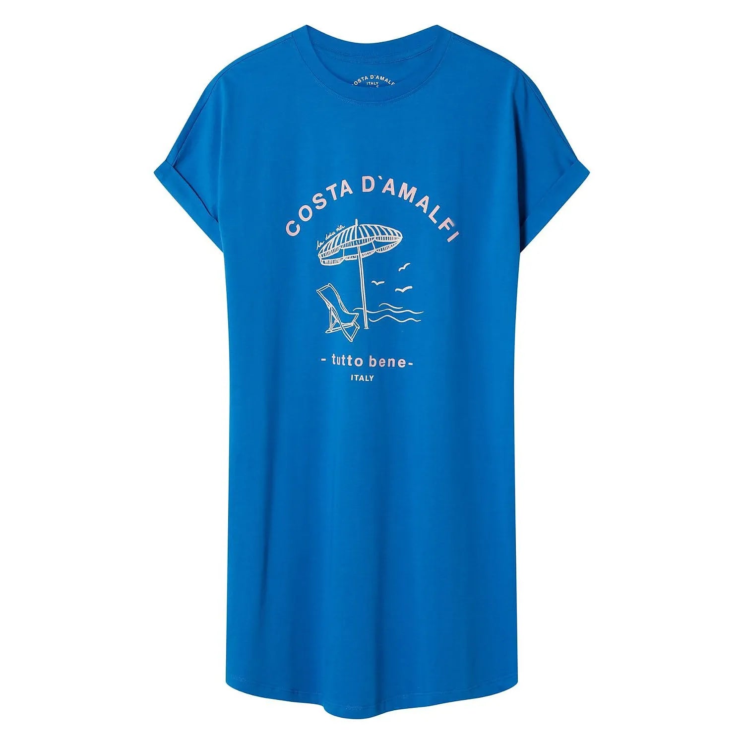 Chemise nuit bleue en coton, manches courtes, col rond, impression mode Costa d'Amalfi, coupe ample et confortable.