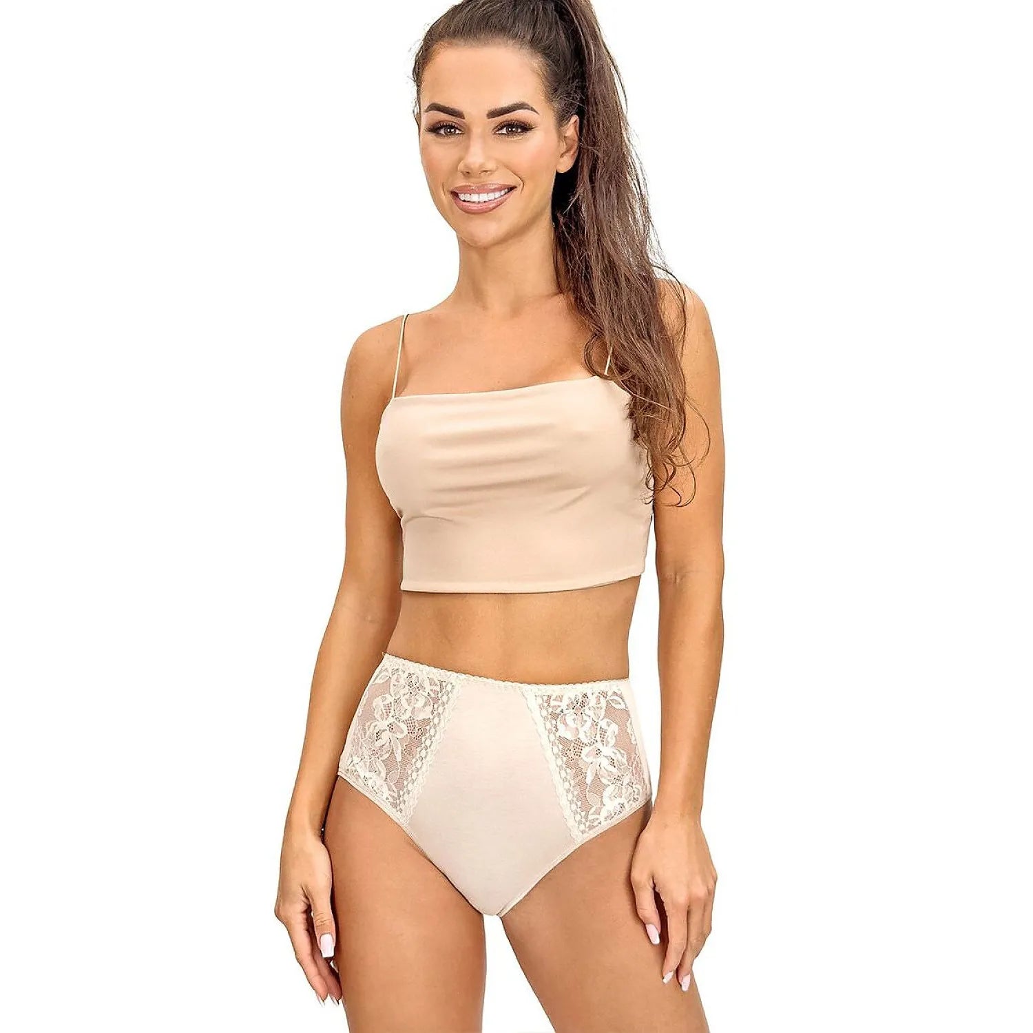 Culotte taille haute beige en viscose douce avec inserts dentelle, élégance et confort pour femme, silhouette sublimée.