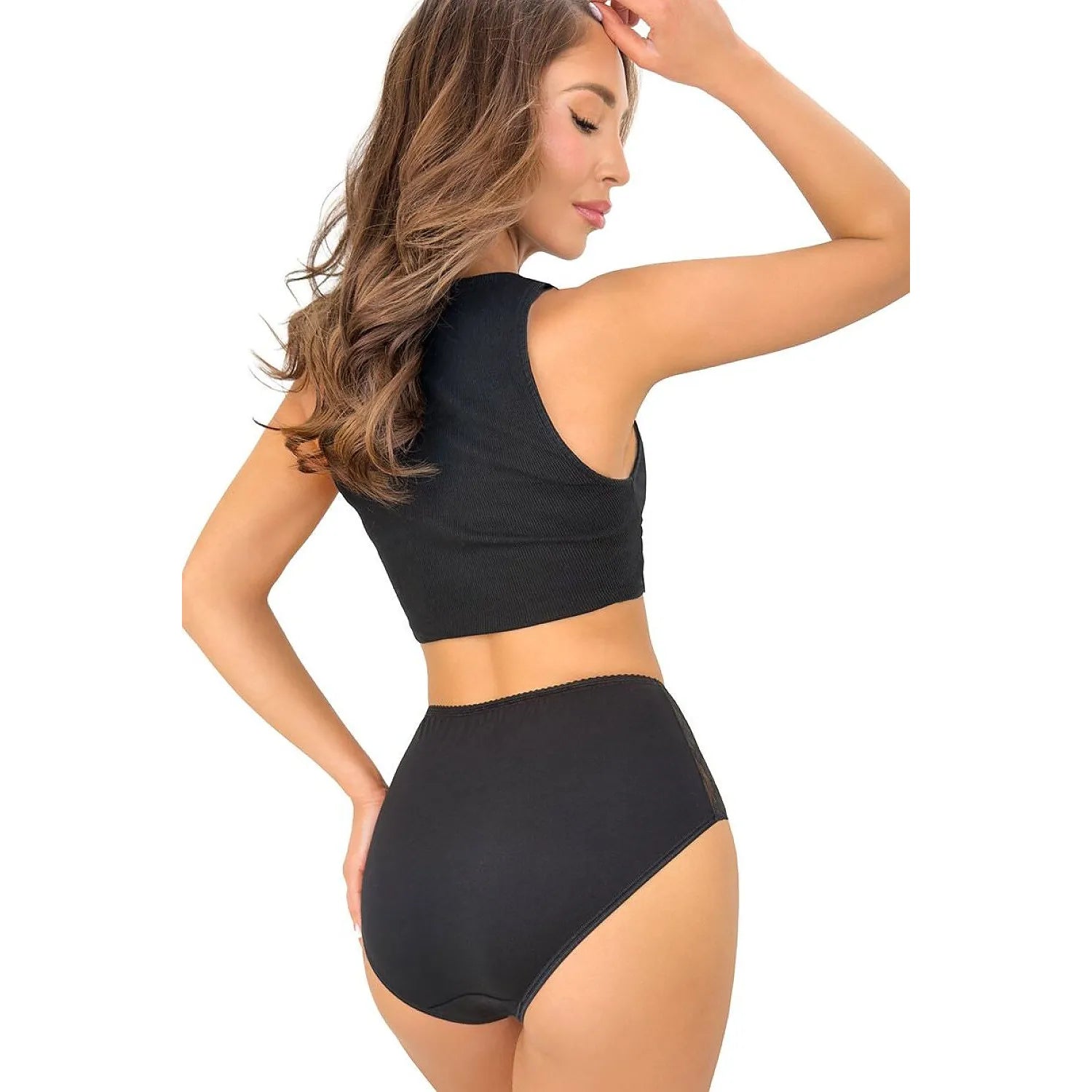Culotte taille haute noire en coton dentelle, confort invisible, élégance féminine, vue de dos, silhouette sublimée.