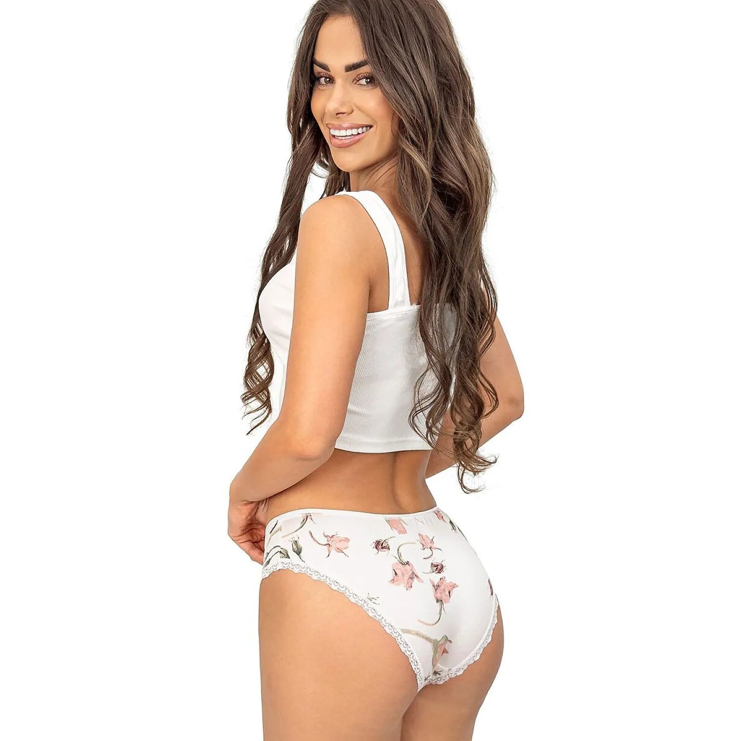 Culottes blanches à motif floral rose, dentelle délicate, taille moyenne, design féminin et élégant, confort quotidien.