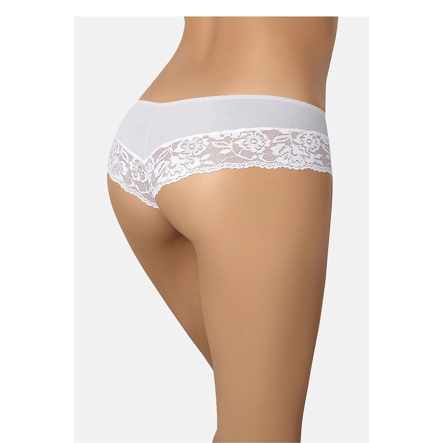 Culotte brésilienne blanche en coton et dentelle florale, sans élastique, idéale sous vêtements ajustés.