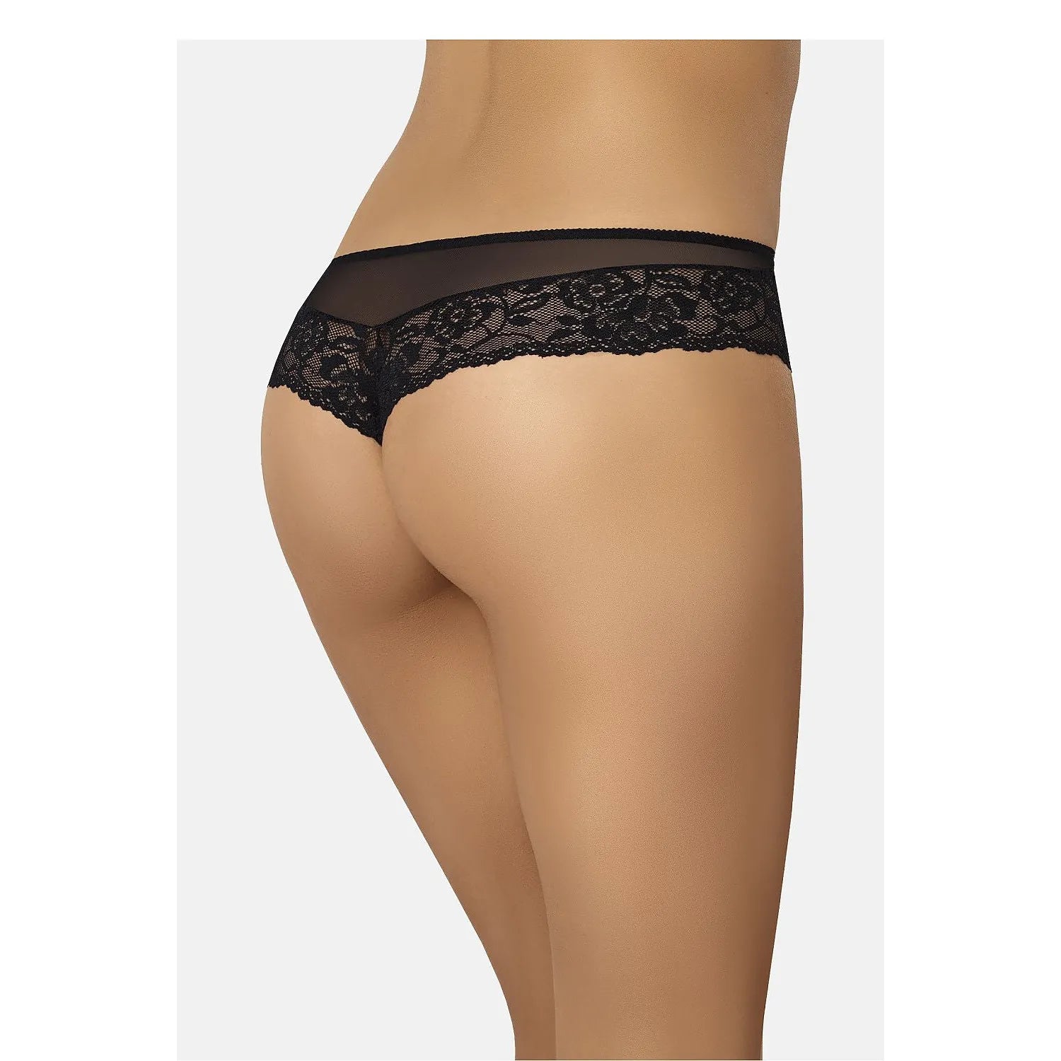 Culotte brésilienne noire en dentelle florale, maille délicate, ajustement sensuel, découpe affinante, élégance féminine.