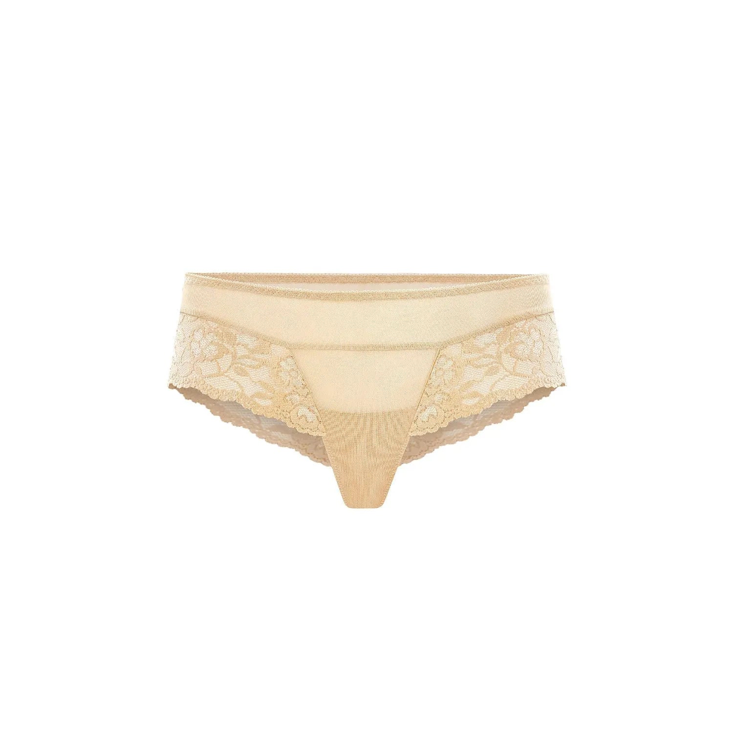Culottes brésiliennes chair en dentelle florale et filet translucide, design élégant et raffiné.