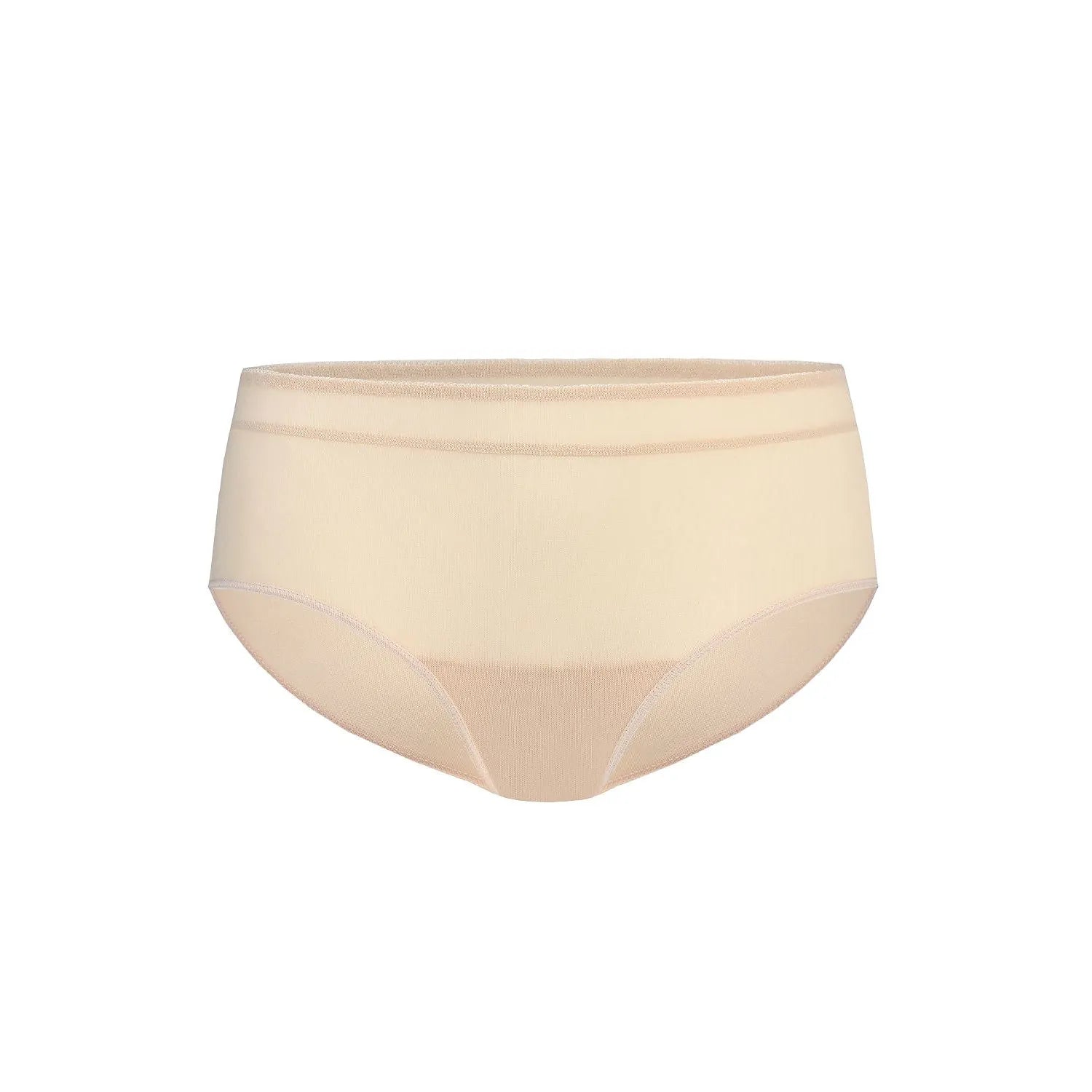 Culottes beige en filet fin, sans élastique visible, avec bande élastique douce, adaptées aux vêtements ajustés.